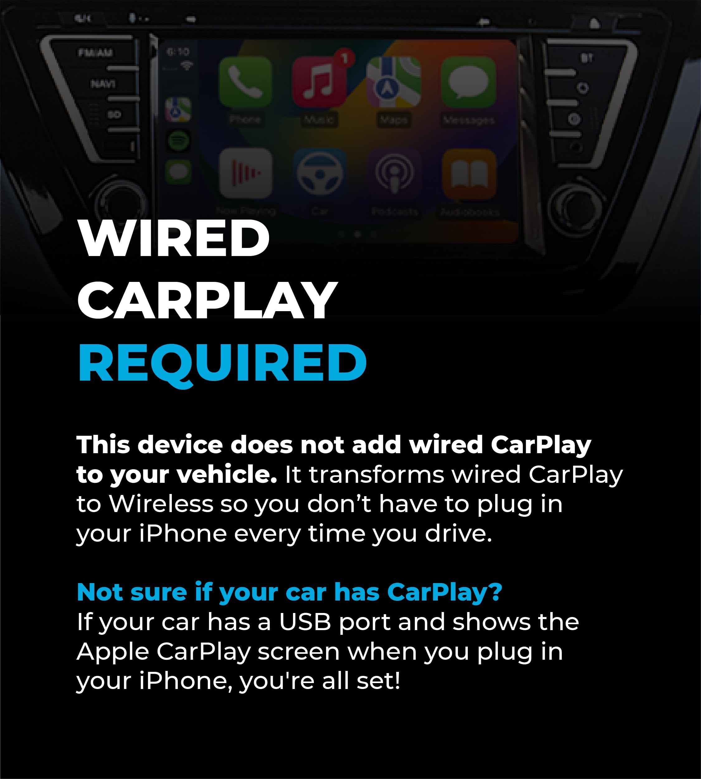 Wireless CarPlay Adapter - Fastest 5Ghz - AutoSky - Plug and Play - USB-C and USB-A Cables - Wired CarPlay Required