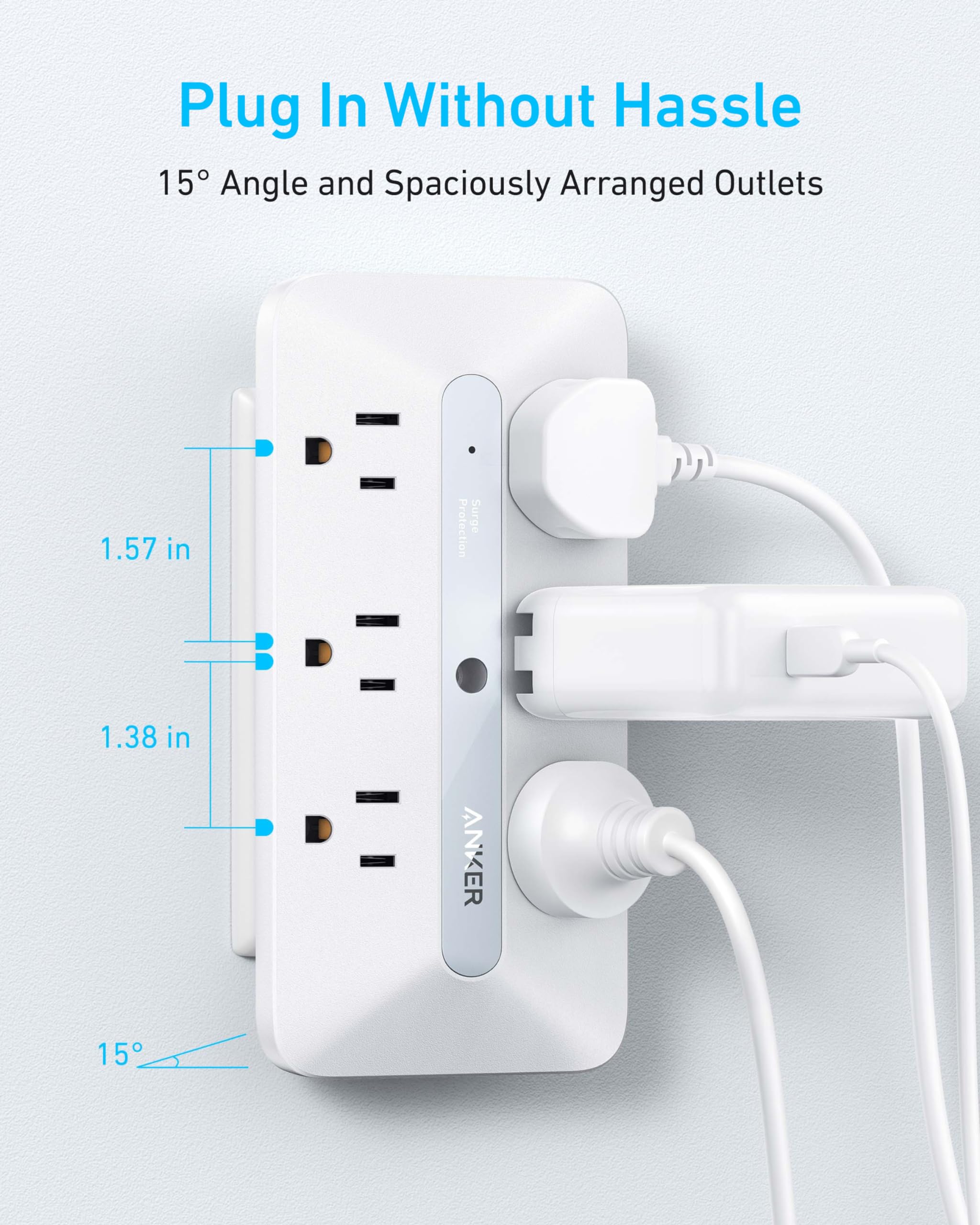 Anker Wall Charger, 300J Surge Protector, 10-in-1 Outlet Extender, 6 AC, 2 USB A, 2 USB C Ports, Wide-Spaced Outlets and 20W Fast Charging, Desk Charging Station, Home Office, Dorm, Room Essential, White