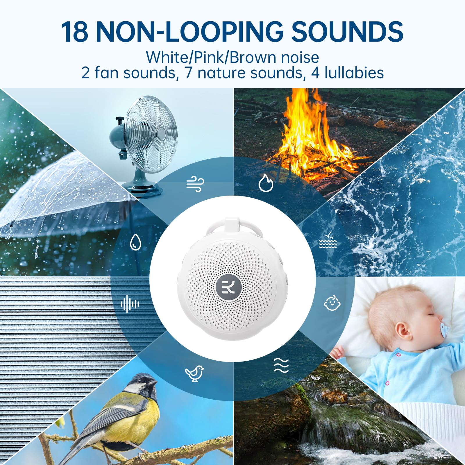 πππ°ππ¬π Kinglucky SleepEase Portable Sound Machine (TOP Sound Quality & 18 Effective Soothing Sounds) White Noise Sound Machine for Sleep, Focus, Relaxation, Home, Office, Travel, Adult & Baby
