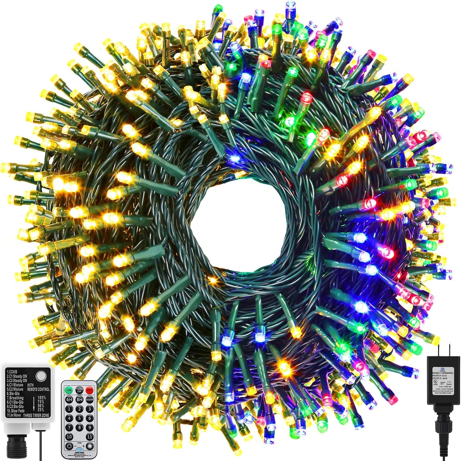 QUWIN Outdoor Christmas String Lights, 180Ft 500 LED UL Certified 11 Lighting Modes, Indoor & Outside Christmas Tree Lights for Christmas Tree, Patio, Holidays, Party 