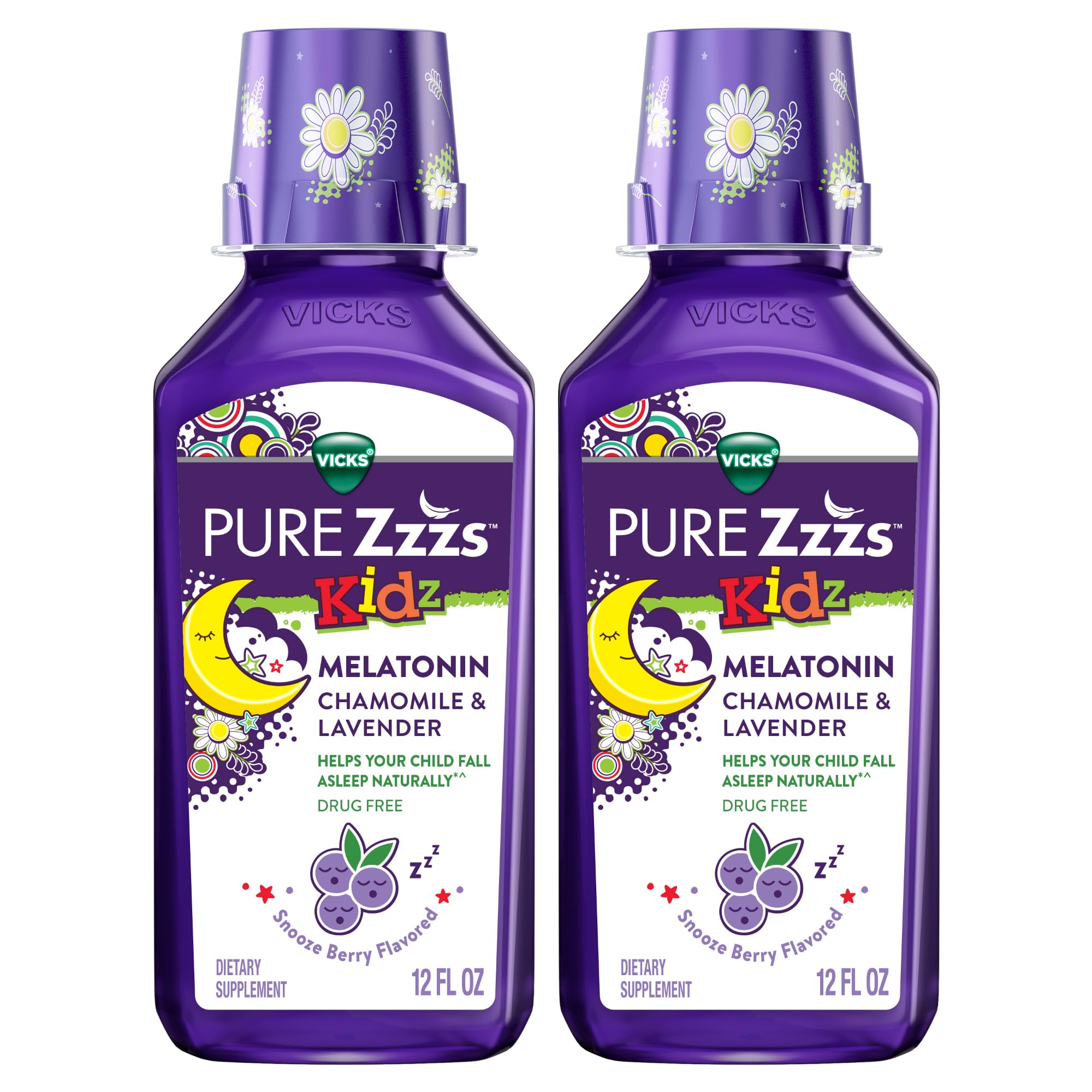 Vicks Pure Zzzs Kidz Melatonin, Kids Melatonin Liquid, Sleep Aid, Drug-Free, Liquid Melatonin 1mg, with Chamomile & Lavender, Melatonin Sleep Aids for Kids, Snooze Berry Flavored, 2 Pack, 24 FL OZ