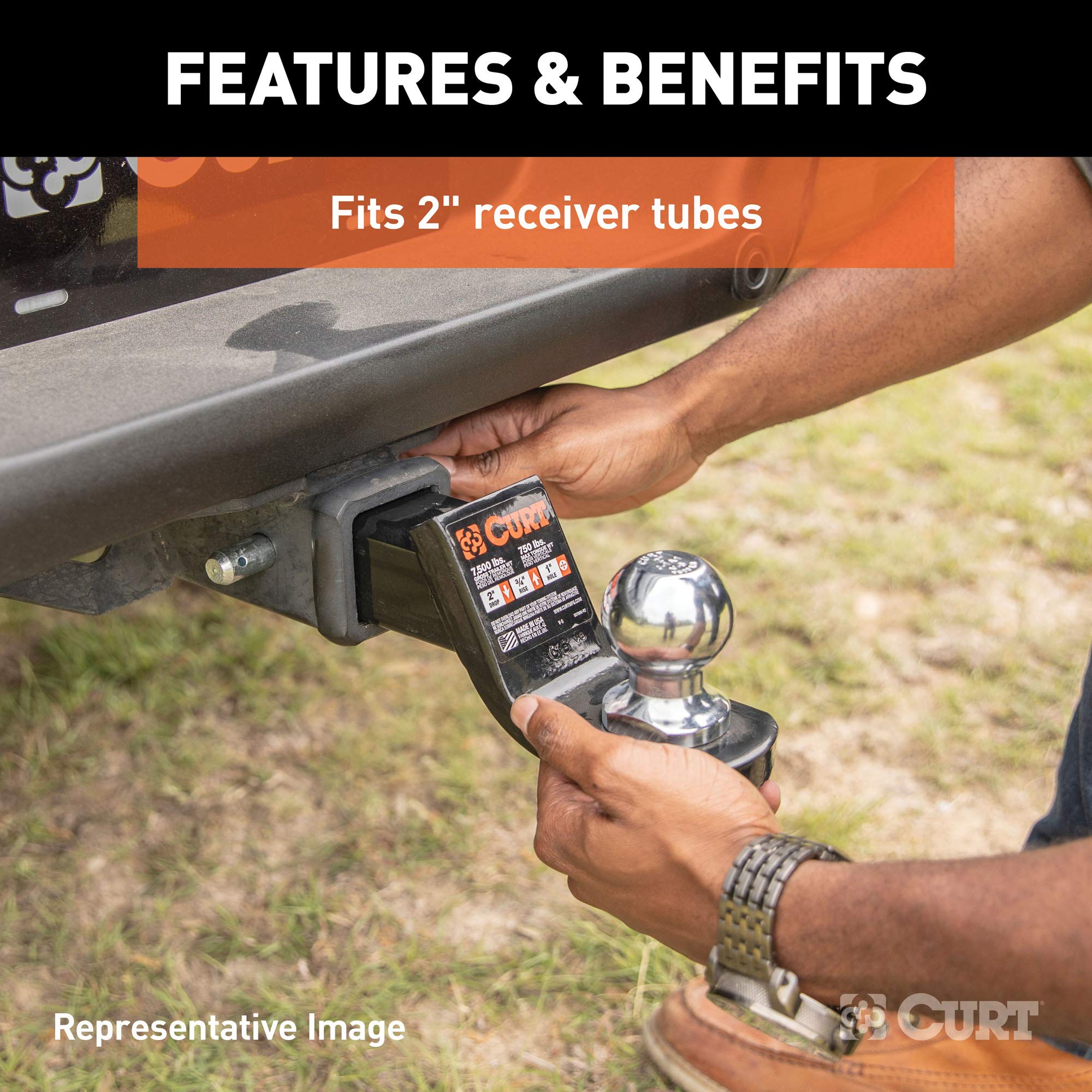 CURT 45154 Fusion Trailer Hitch Mount with 2-Inch Ball & Pin, Fits 2-In Receiver, 7,500 lbs, 4-Inch Drop, Gloss Black Powder Coat