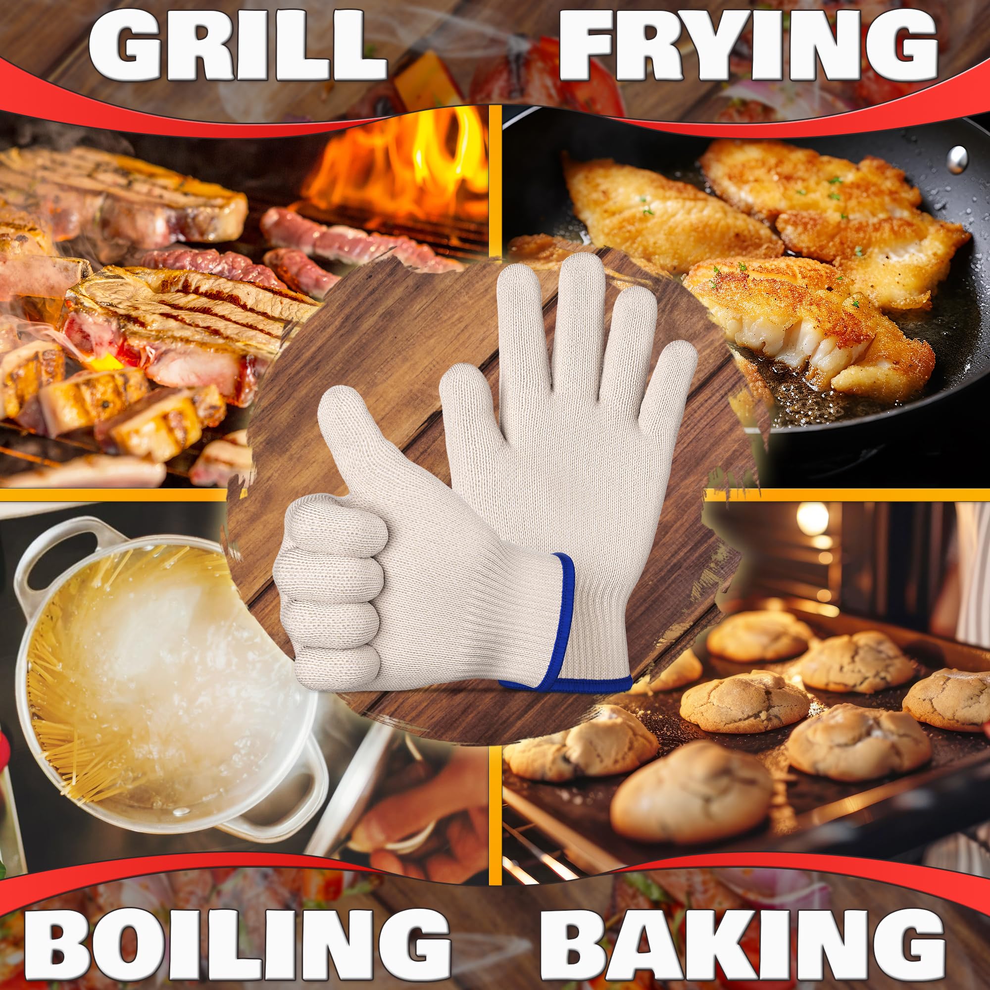 Heat Resistant Gloves for Grilling & Baking - Comfortable Aramid Oven Gloves with Fingers, Thick Knit Design - Ensures Hand Protection and Secure Grip for Handling Hot Pans and Dishes