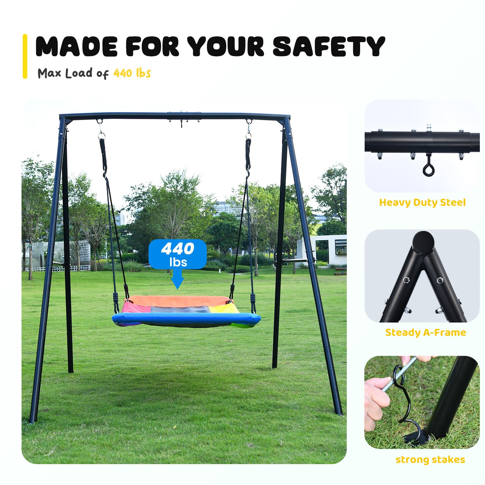 Trekassy Swing Sets for Backyard, 440lbs Heavy Duty A-Frame Metal Swing Stand with 60" Large Platform Swing for Outdoor Playground Park