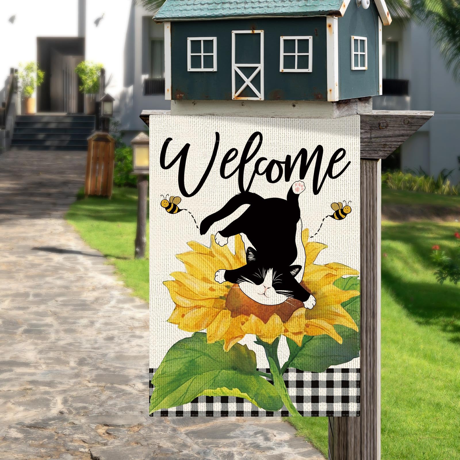 DLZDN Summer Sunflower Cat Garden Flag Funny Tuxedo Cat Garden Flags 12×18 Inch Double Sided Buffalo Plaid Farmhouse Welcome Yard Flag Spring Summer Seasonal Outdoor Decor