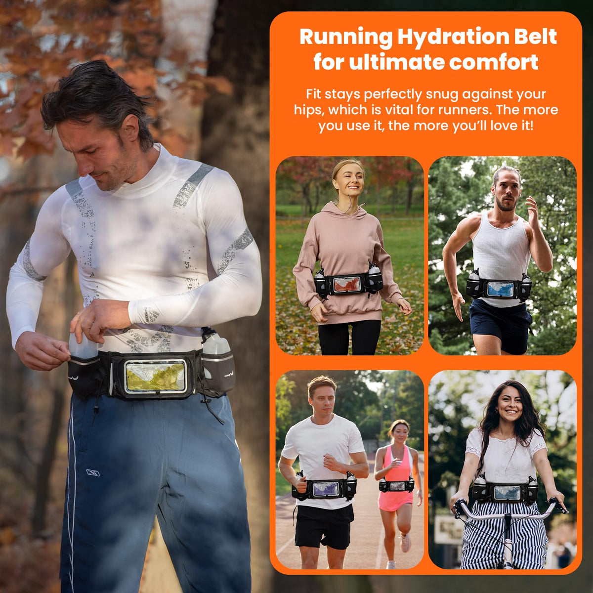 No.1 Hydration Belt by Runtasty - Premium Running Fuel Belt w/2 BPA-Free 10 oz Water Bottles, Tilt-Up Pocket w/Touchscreen-Ready Cover - Fits All iPhones, Runners Ebook & No-Bounce Design