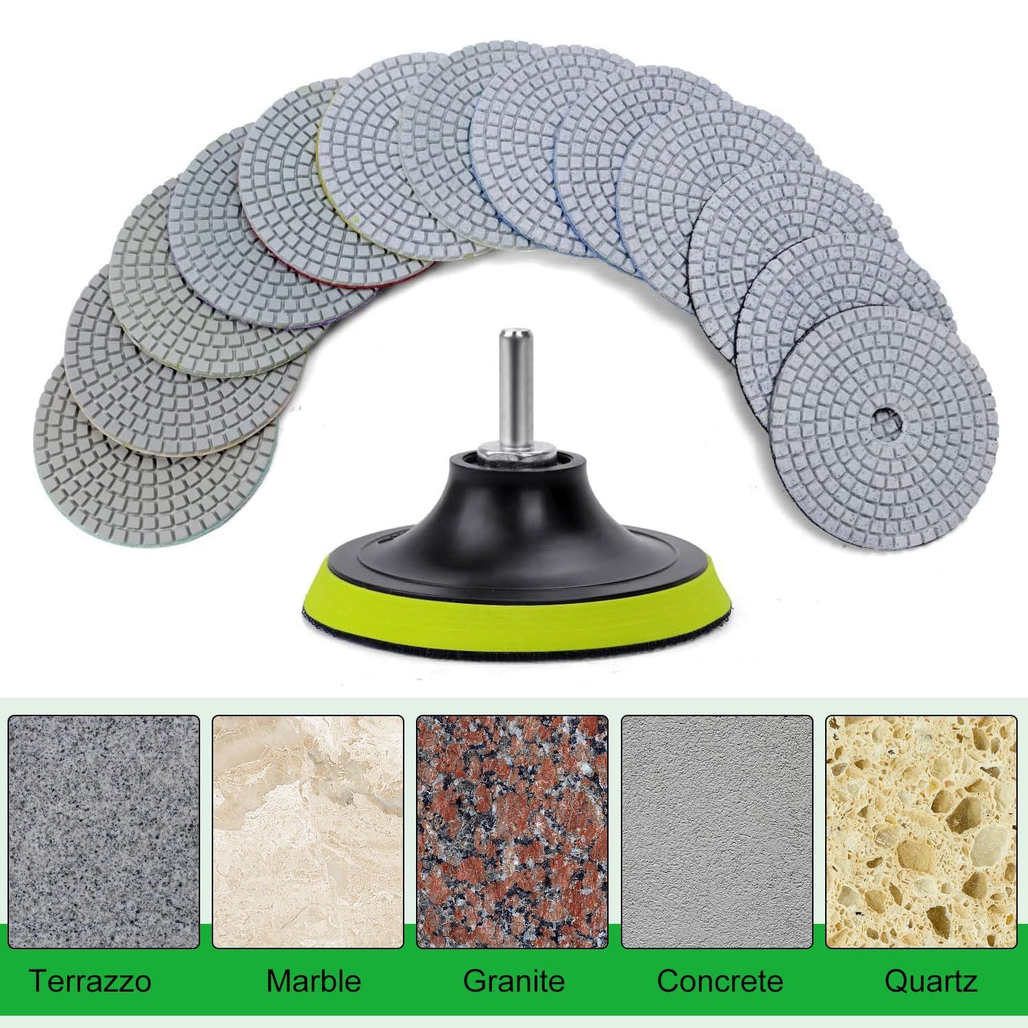 16PCS Wet Dry Diamond Sanding Pads Kit 4 Inch Diamond Polishing Pad 30-6000 Grit with 5/8''-11 Thread Backer Plate for Concrete Marble Quartz Granite Countertop Stone & Tile Polishing(3.9 Inch)