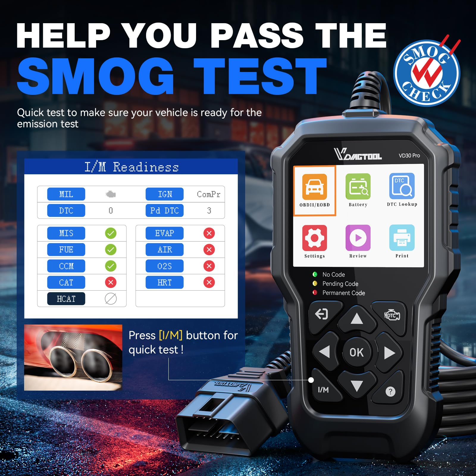 VDIAGTOOL VD30 Pro Car Code Reader, OBD2 Scanner Diagnostic Tool for Cars and Trucks, Check Engine Code Reader, OBD2 Scanner with Reset, Live Data, Freeze Frame, I/M Readiness for All OBDII Vehicles