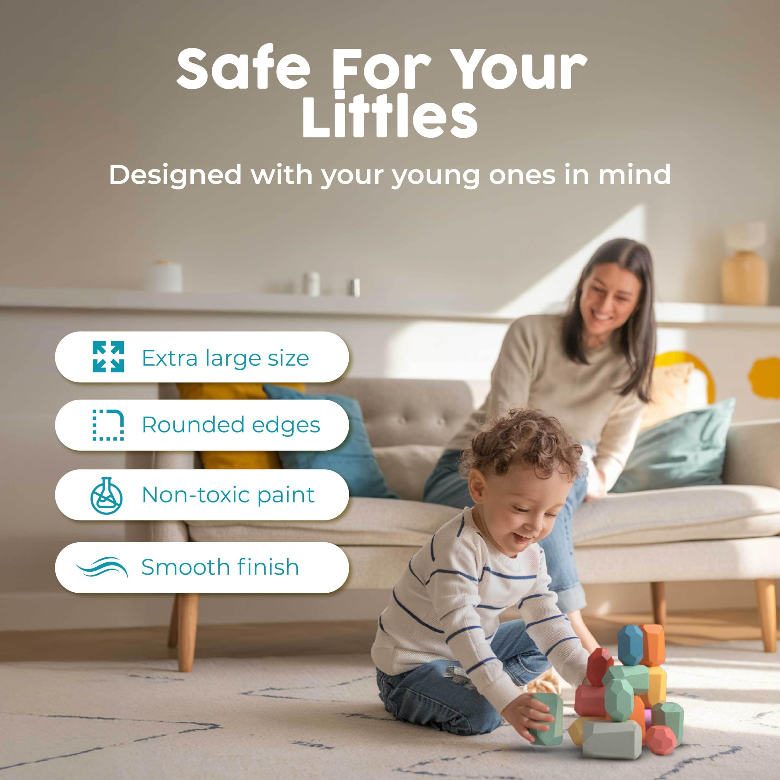 BUNMO 40pcs Wooden Stacking Toys - Montessori Educational Blocks for Toddlers, Non-Toxic, Safe, and Durable for Kids’ Creative Play and Learning