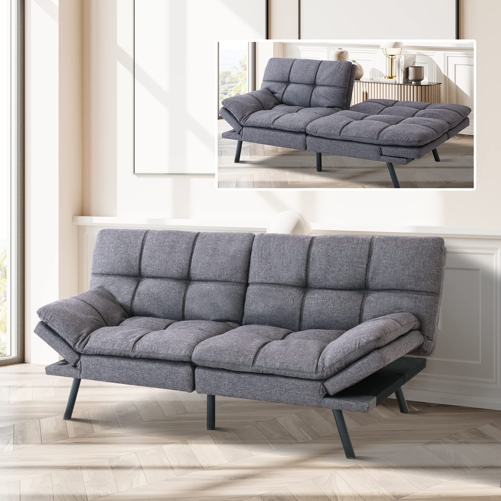 Opoiar Futon Sofa Bed Memory Foam Couch Bed Loveseats Convertible Modern Futon Couch Small Sleeper Sofa with Arm Rest, Metal Legs, Grey Futons for Small Space