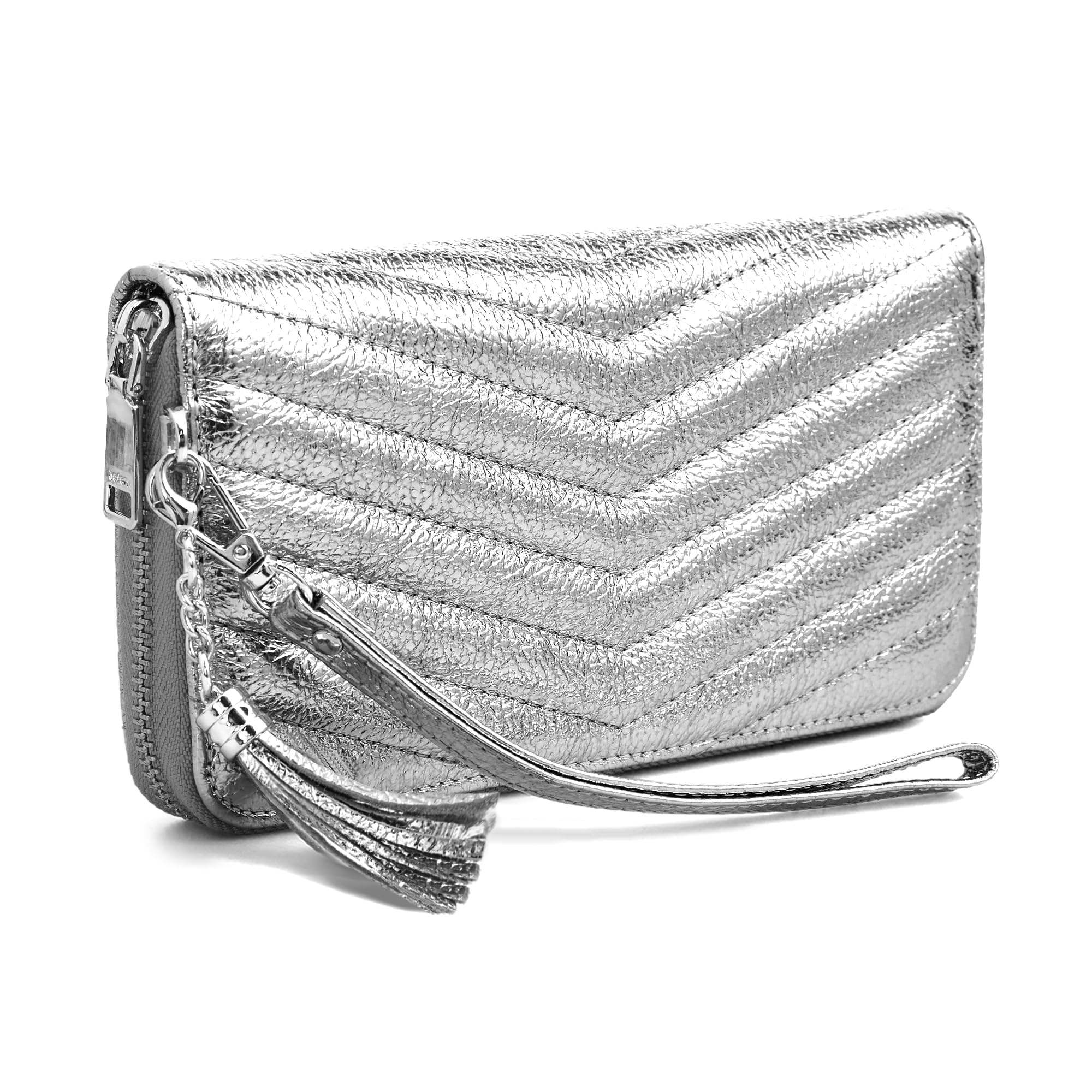 befen Genuine Leather Quilted Wristlet Clutch Wallet Purses for Women Dressy RFID Blocking Zip Around Designer Wallets Metallic Silver Evening Bags