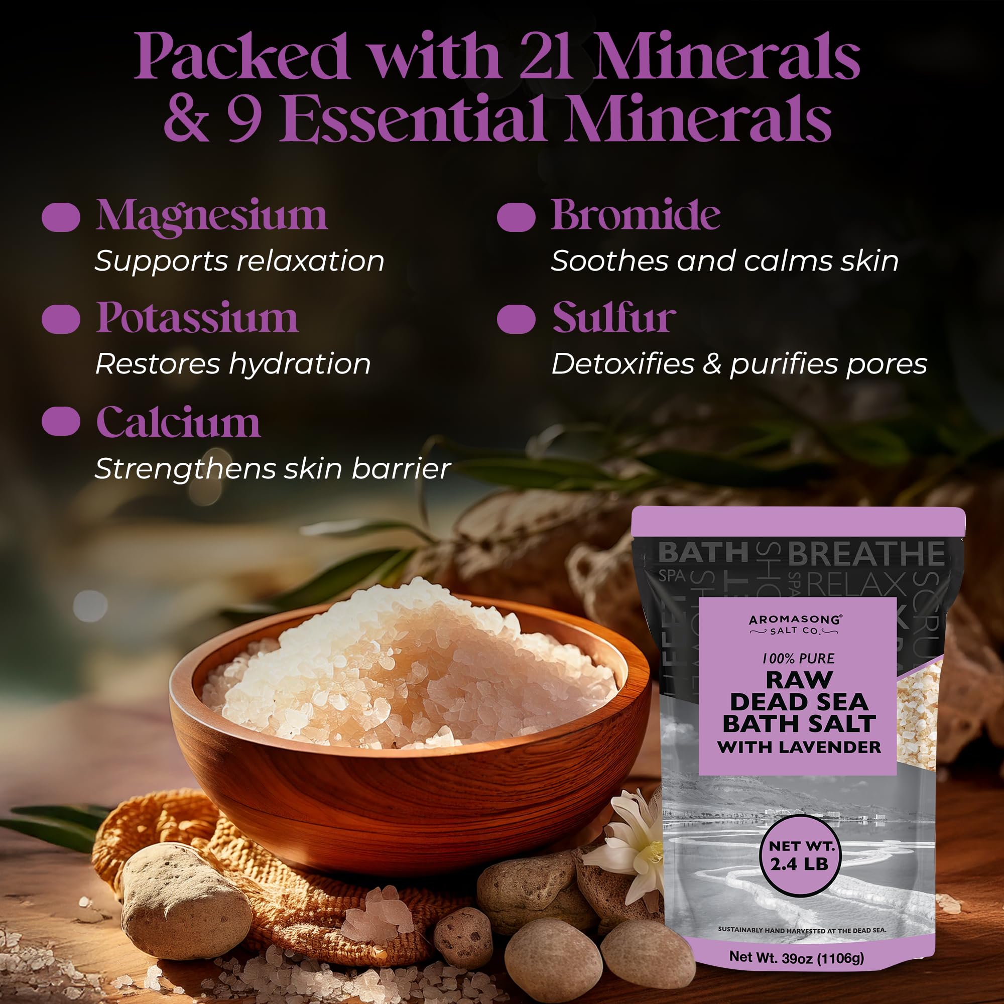 Aromasong Pure Raw Dead Sea Salt for Soaking with 100% Natural Lavender, 2.43 LB - Spa Bath Salt Fine Grain - Body Wash Scrub - Soak for Women & Men- Bulk Resealable Pack