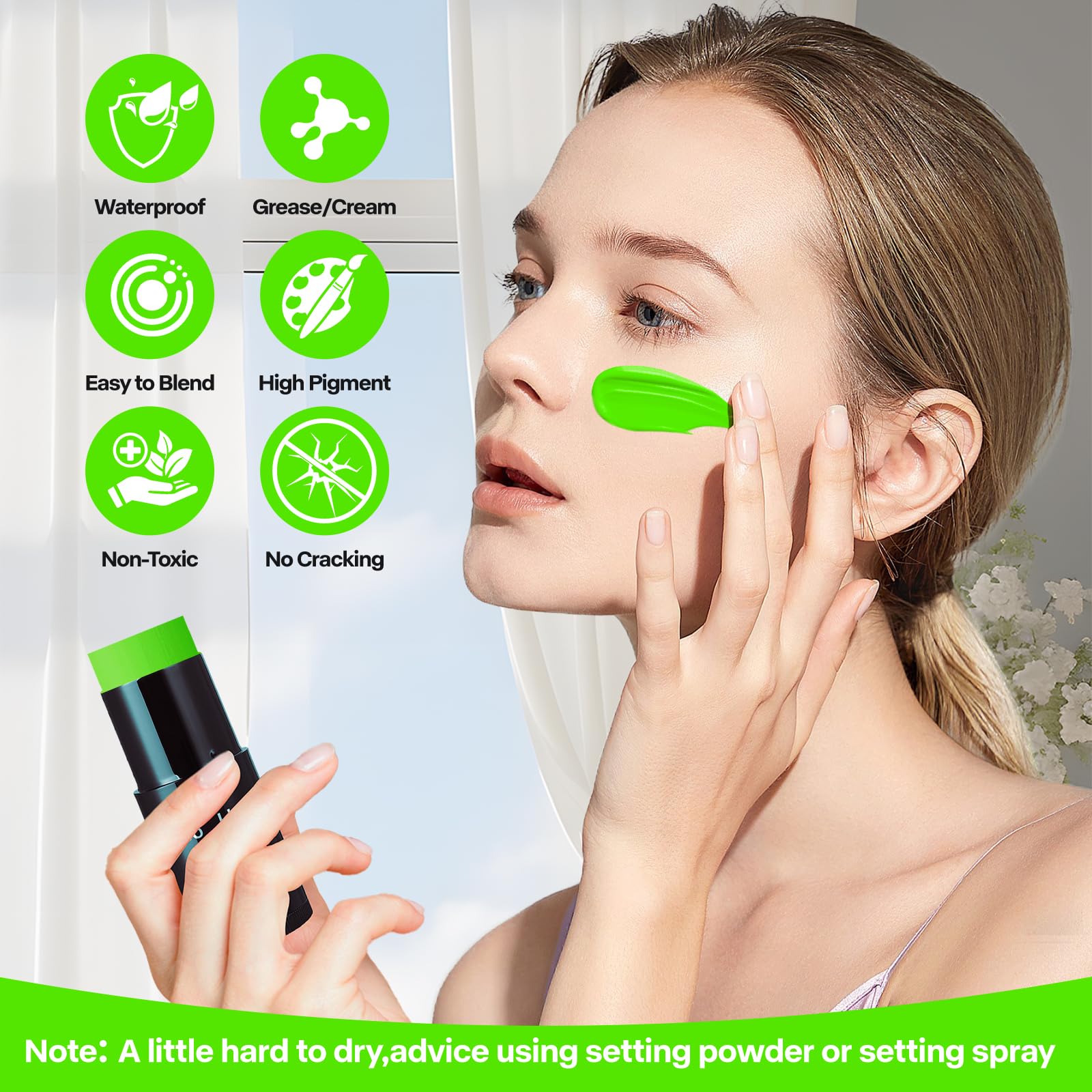 Go Ho Cream-Blendable Amazon Green Face Paint Stick (1.06 Oz),Full-coverage Amazon Green Body Paint Stick for Adults Children Halloween Cosplay SFX Witch Makeup,Waterproof Green Eye Black Stick