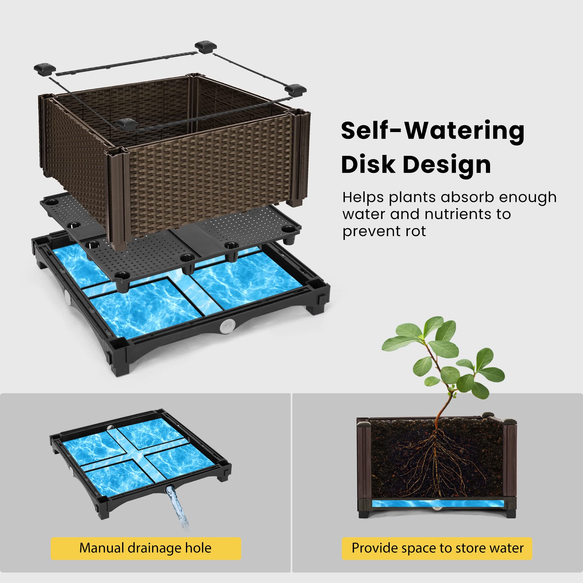 VIVOHOME 4 Packs Elevated Plastic Raised Garden Bed Planter Kit, Outdoor Planters Above Ground Flower Vegetable Standing Box for Patio Deck Porch W/Drainage Holes