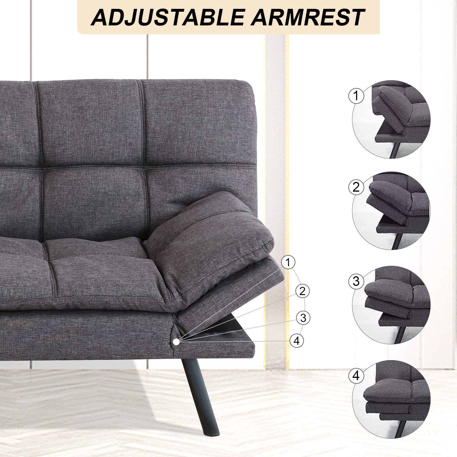 Opoiar Futon Sofa Bed Memory Foam Couch Bed Loveseats Convertible Modern Futon Couch Small Sleeper Sofa with Arm Rest, Metal Legs, Grey Futons for Small Space