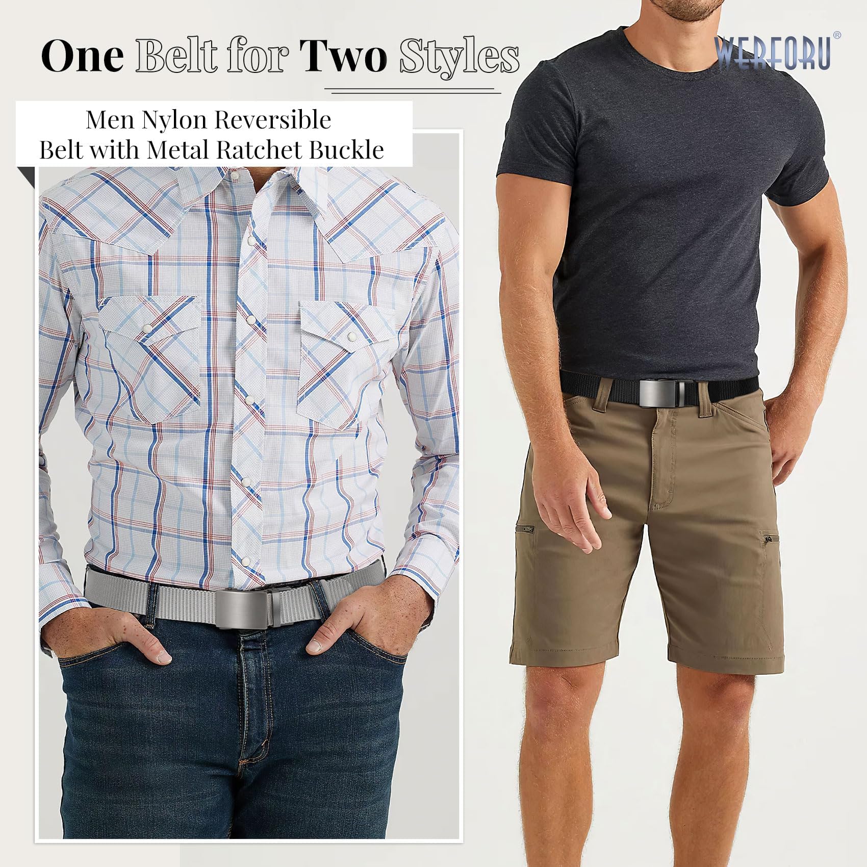 WERFORU Men Ratchet Belts Nylon Belts for Men Reversible Buckle Belt 2-in-1 Belt Casual Belt for Gift (Grey/Black)