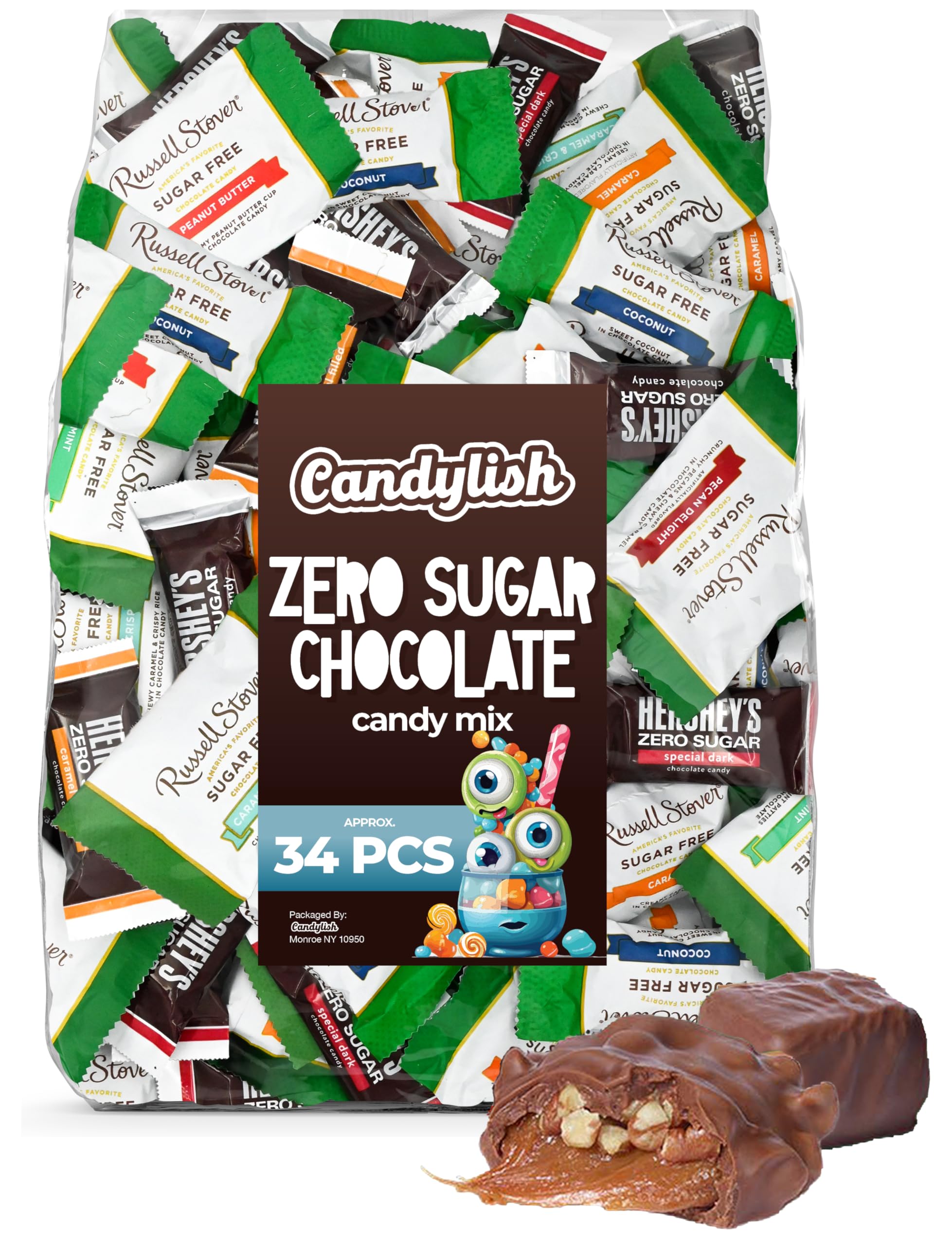 Zero Sugar Chocolate Candy Mix (Approx. 34 Pieces) - Russell Stover Assorted & Hershy Zero Sugar Bar Mix