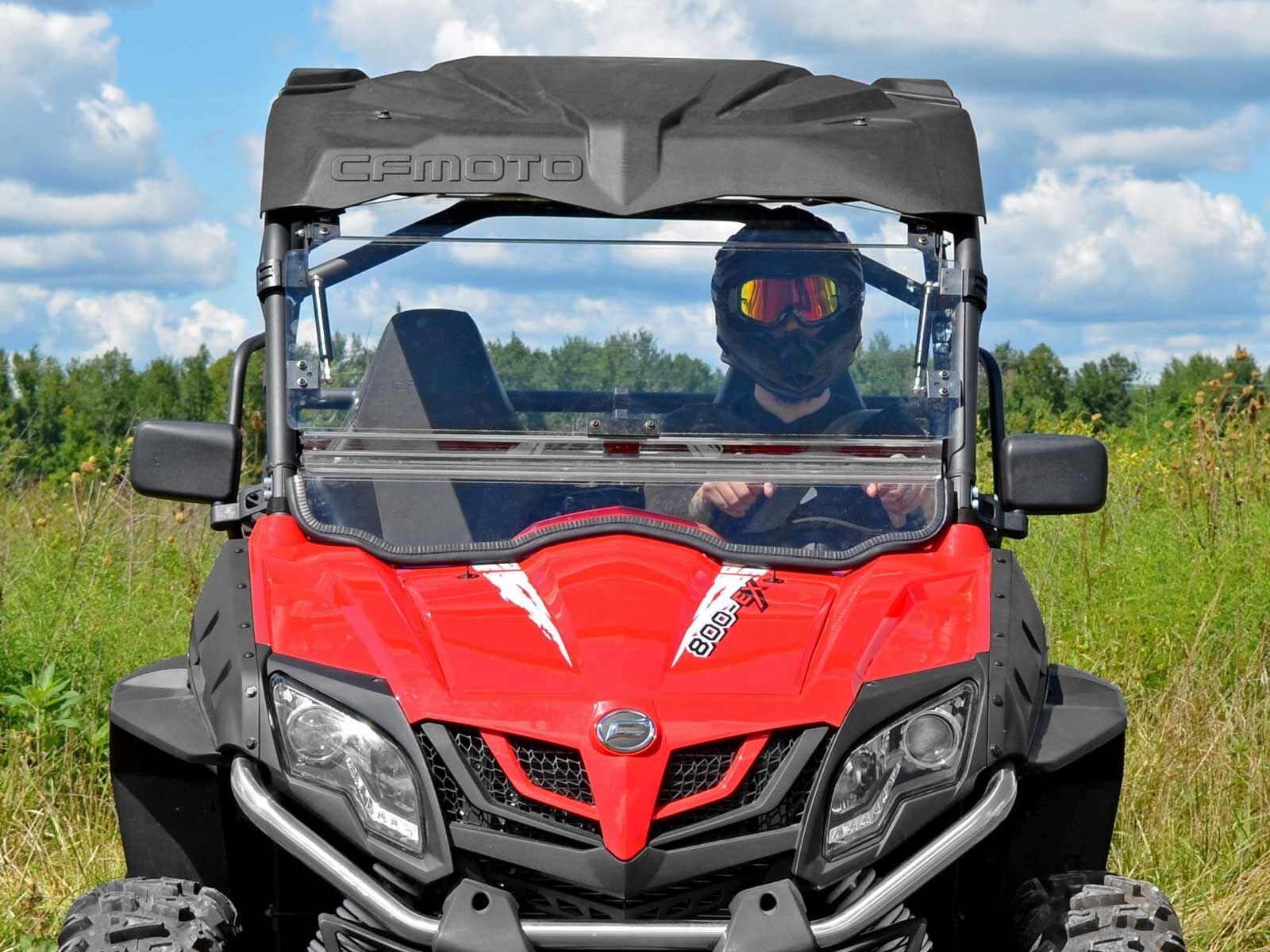 SuperATV Scratch Resistant Flip Windshield for CFMOTO ZForce 500, 800 Trail & EX, 1000 2014-2022, 1/4" Hard Coated Polycarbonate, Comes Preassembled, Can be Closed, Vented, or Fully Open, USA Made