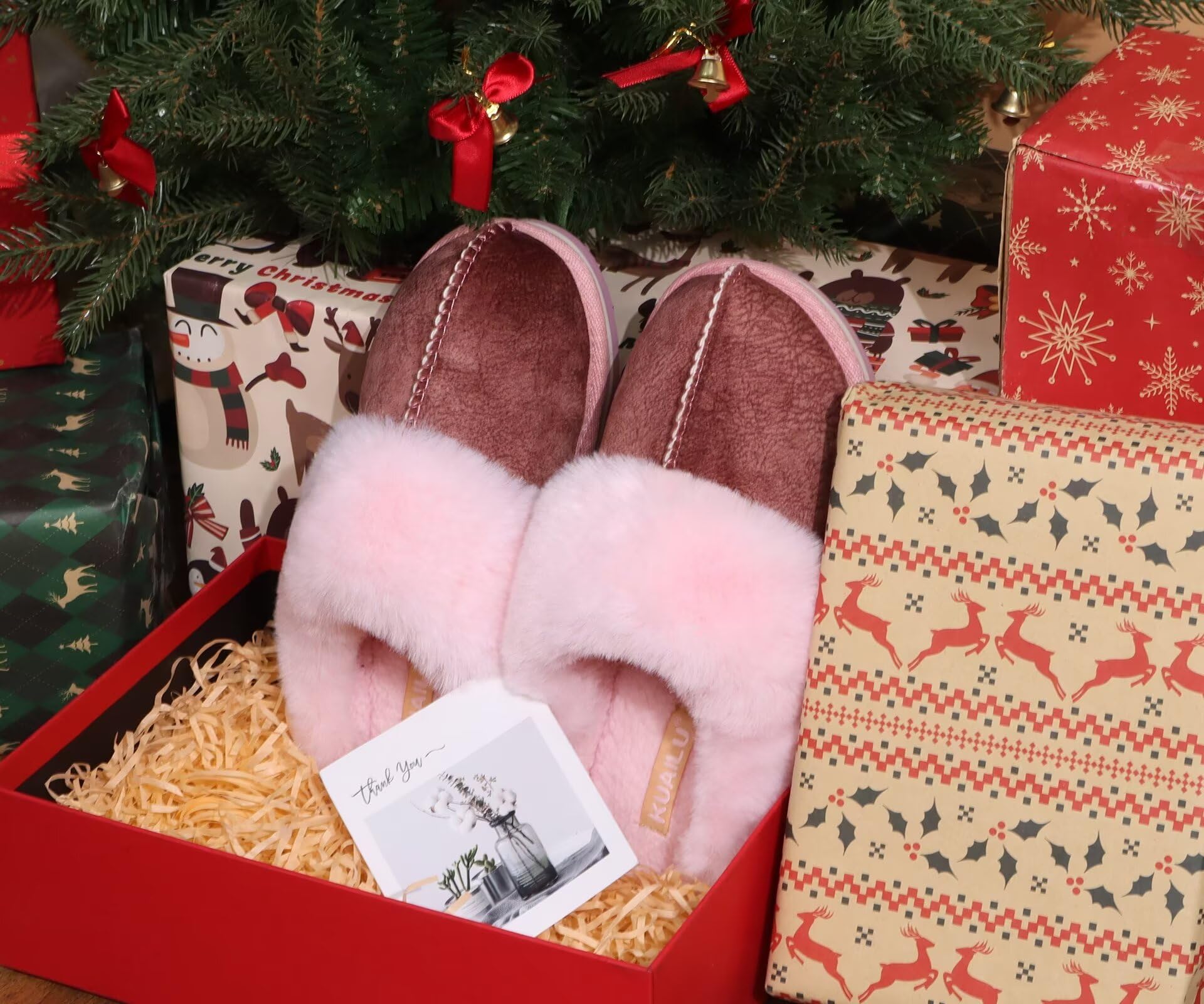 KuaiLu Womens Slippers, Fluff Dual Memory Foam Slippers Ladies Cozy Arch Support Warm Scuff Slippers Slip on Comfy Winter House Shoes with Non-Slip Indoor Outdoor Hard Sole Pink 8