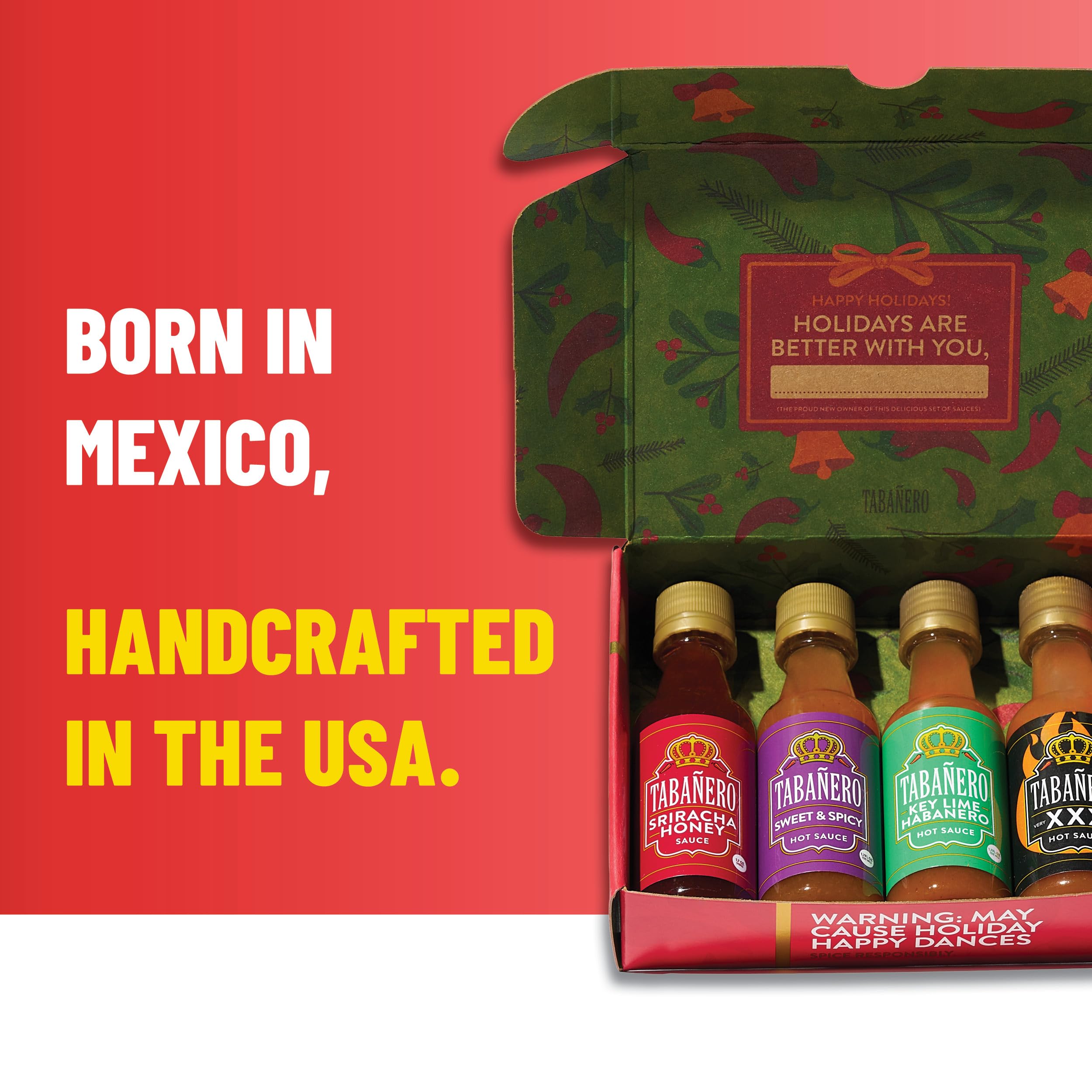 Tabañero Mini Hot Sauce Gift Set, Holiday Gift Box with Sriracha Honey, Sweet and Spicy, Key Lime and XXX Flavors, 4-Pack, 1.7oz Hot Sauce Bottles, All Natural, Gluten Free, Low Sodium, Kosher, Made in the USA, Easter Gifts for Men