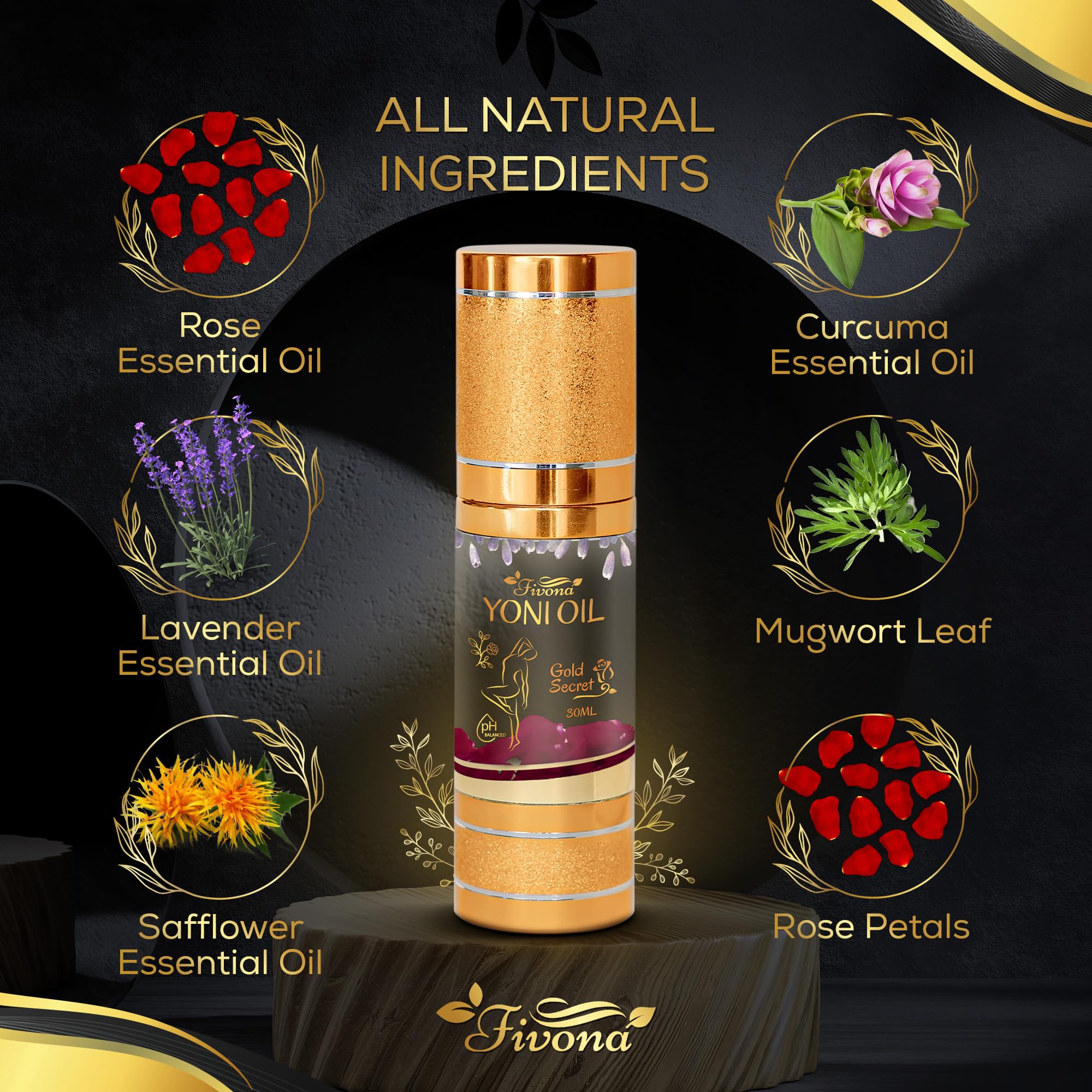 Fivona Yoni Oil Gold Secret for Soothing Feminine Care - Natural Blend of Essential Oils - Moisturizing Herbal Oil Blend for After Wash Care