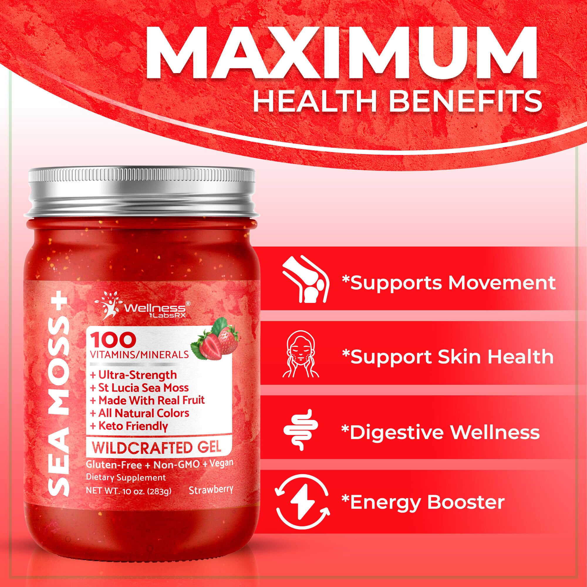 WELLNESS LABSRX Irish Sea Moss Gel Raw - Wildcrafted Superfood Seamoss Gel - Strawberry Flavor, Vitamin and Mineral-Rich from Pristine Caribbean Waters, Immune and Digestive Health Support - 10 oz.