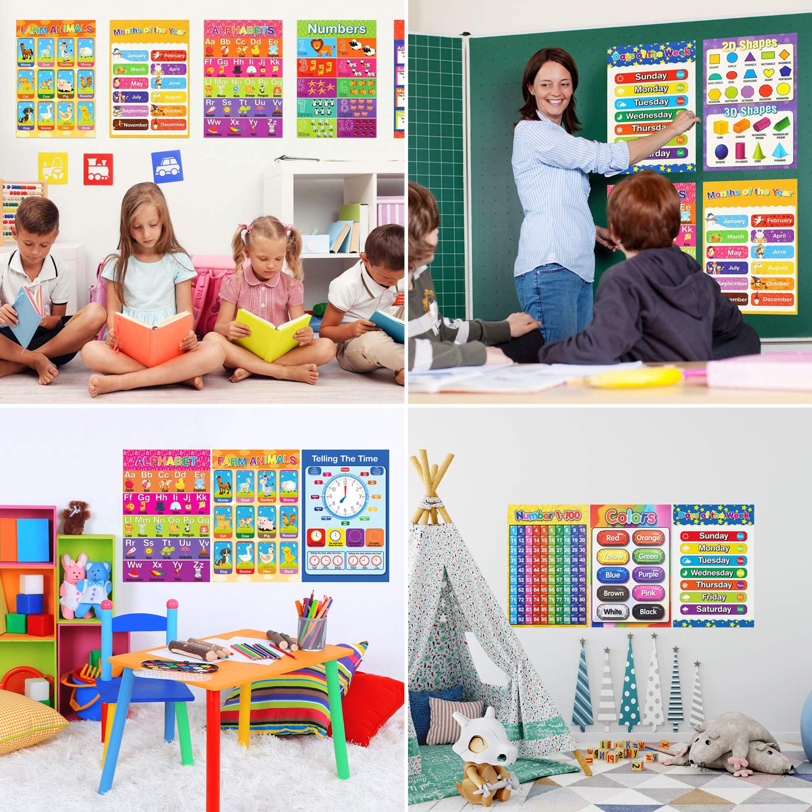 YEEBAY Preschool Educational Posters for Toddlers, Classroom Decorations, Pre-K, Kindergarten, Daycares, Classroom, Homeschool Supplies Materials, 10 Learning Posters for Wall Decor