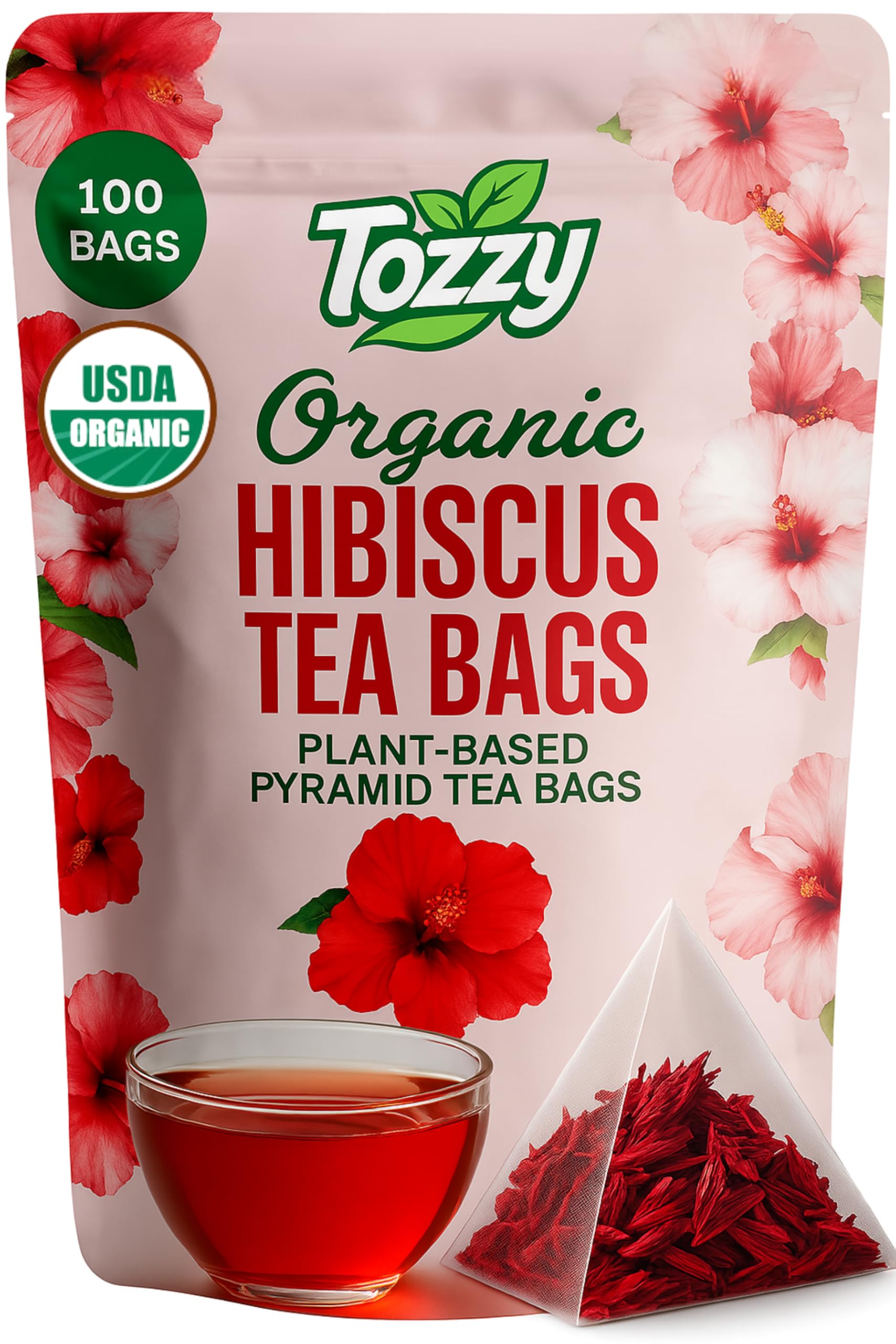 Tozzy Organic Hibiscus Tea - 100 Count | Pyramid Tea Bags (Plant-Based & Eco-conscious) | Pure Ingredients | Packaging May Vary