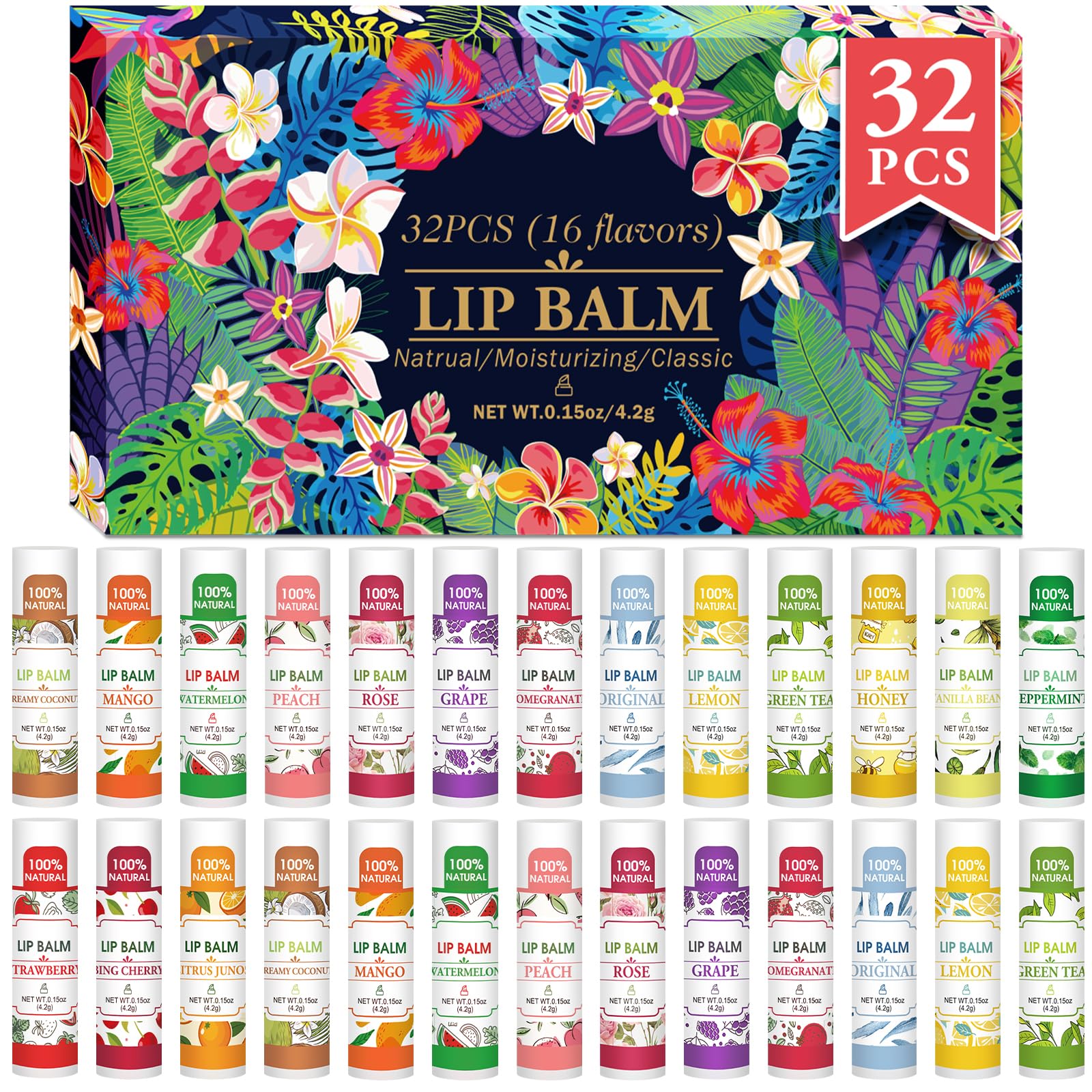32 Pack Lip Balm, Natural Lip Balm Bulk with Vitamin E and Coconut Oil, Hydrating Lip Balm for Dry Lips, Bulk Lip Balm for Stocking Stuffers - 16 Flavors