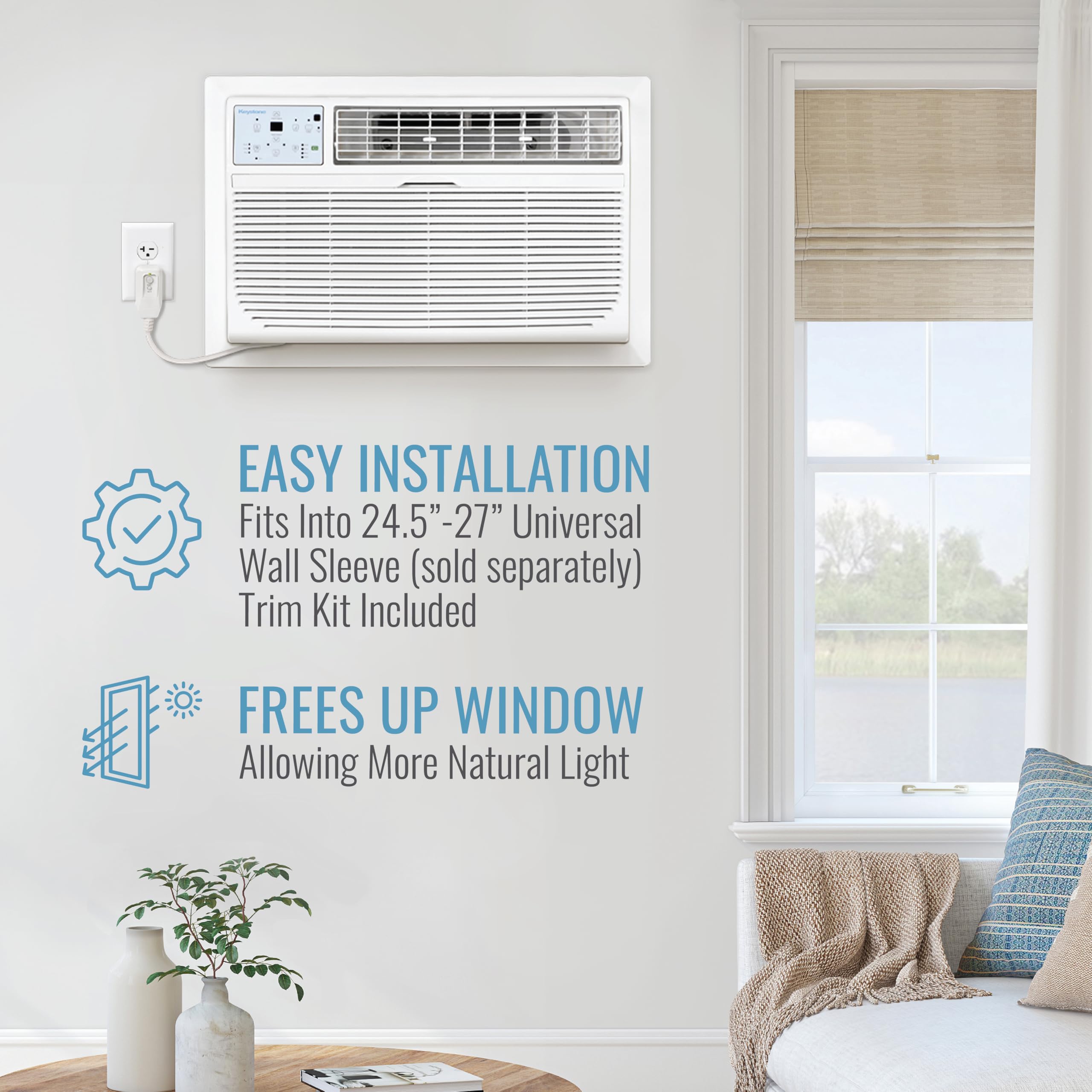 Keystone 12,000 BTU Wall Air Conditioner with Dehumidifier and Supplemental Heat, 230V, Quiet Wall AC for Small and Medium Sized Rooms up to 550 Sq.Ft. with Remote Control, White