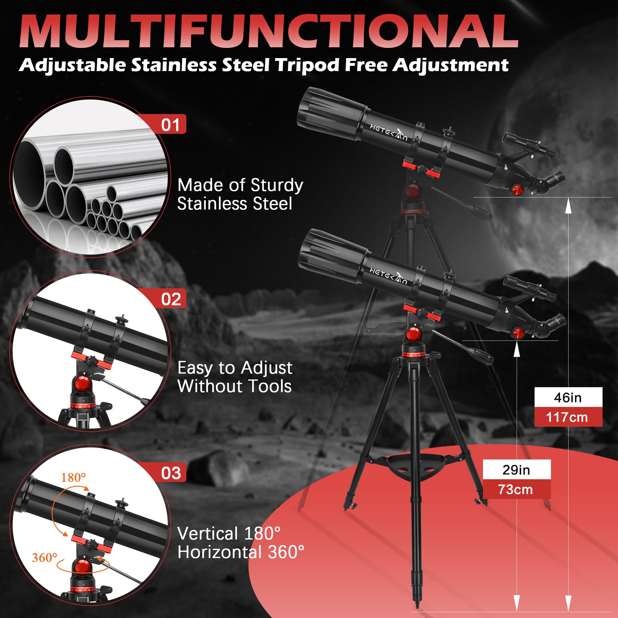 Telescope,Telescope for Adults High Powered, 90mm Aperture 900mm Professional Refractor Telescope for Kids & Beginners, Magnification 450X, for Planet Observation with Stainless Tripod & Phone Adapter