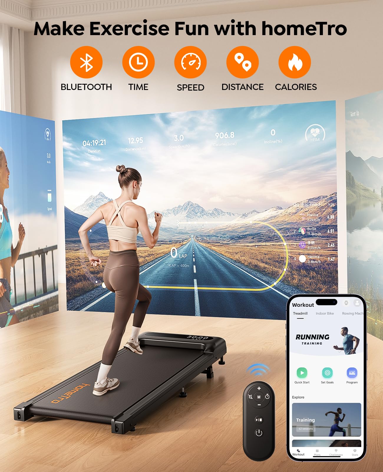 homeTro 3.0HP Walking Pad with 9% Incline, 0.6-5 MPH, Compact & Portable Under Desk Treadmill for Home/Office, Maximum 265lbs Capacity, Remote, APP Control, for Jogging/Running, Assemble Free, Red