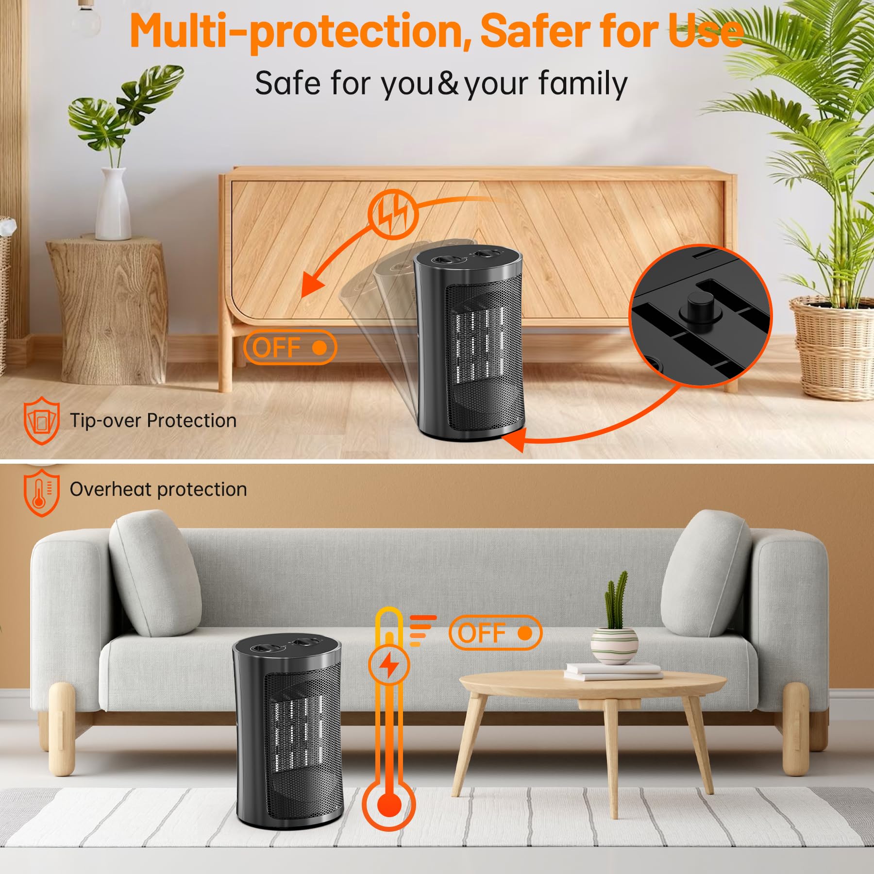 Space Heaters for Indoor Use, Portable 1500W/750W PTC Ceramic Space Heater, Small Space Heater with Thermostat, Three Modes, Overheat and Tip-Over Protection for Office Home