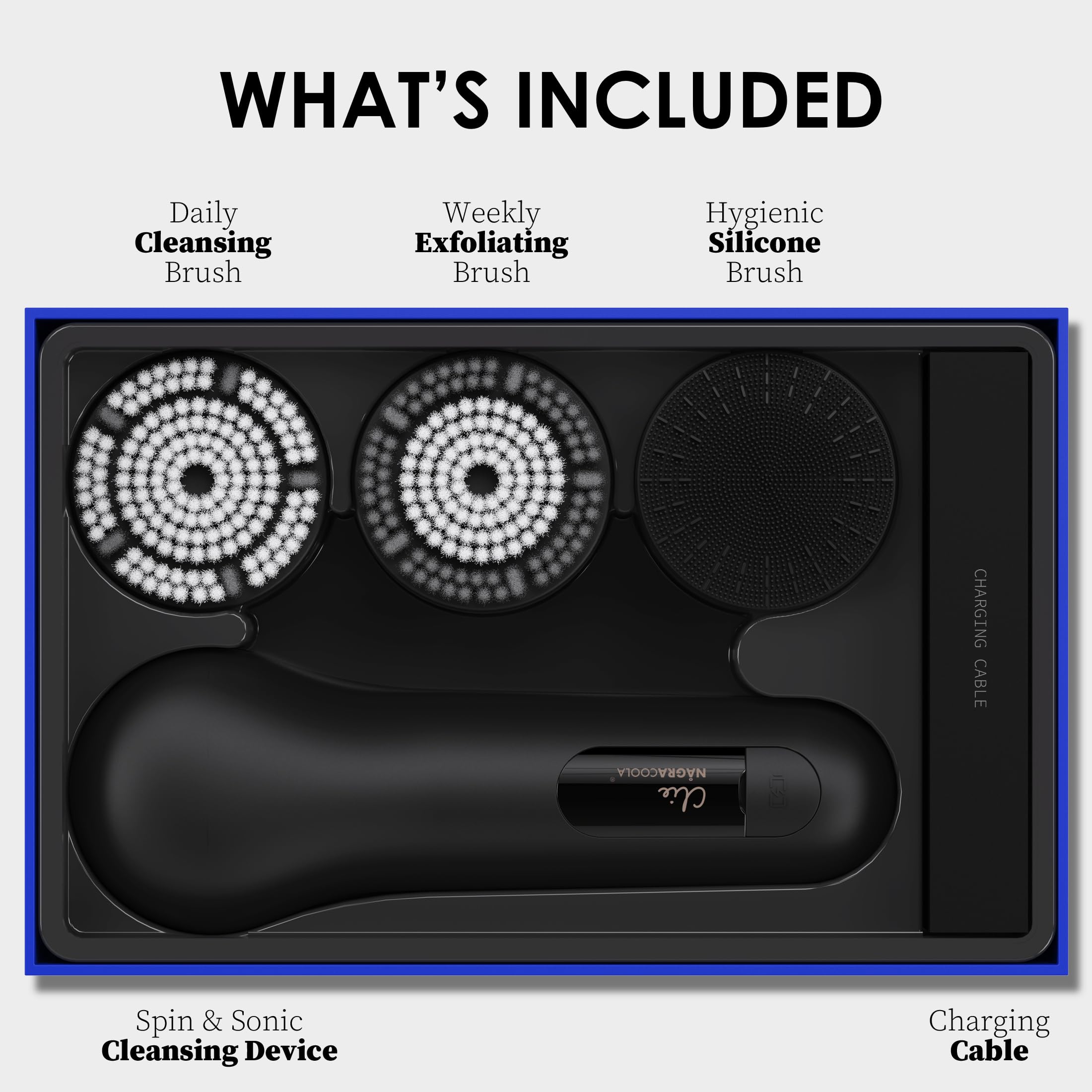 Face Scrubber, NågraCoola 3.0 Facial Cleansing Brush, Waterproof & Rechargeable Face Scrub Brush for Men&Women, Electric Facial Exfoliator with 3 Brushes, 3 Intensities, 2 Action Modes - Black