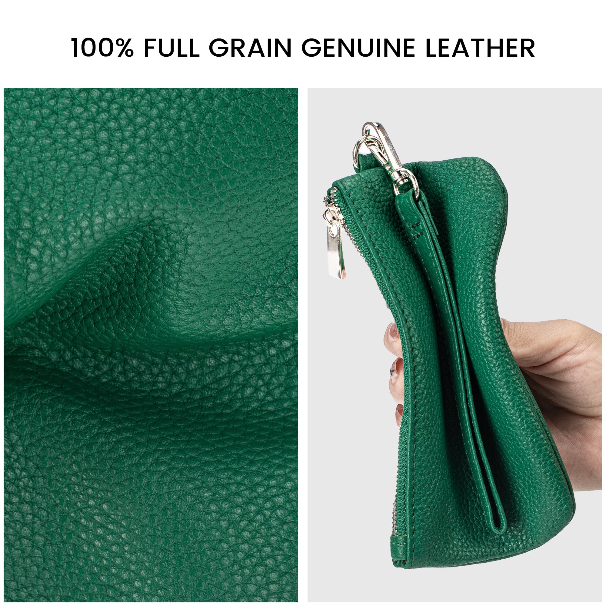 befen Genuine Leather Coin Purse for Women, Small Black Change Purse Womens Small Zipper Wristlet Wallet, Wristlet Money Bag Mini Coin Pouch with Removable Wrist Strap, Green