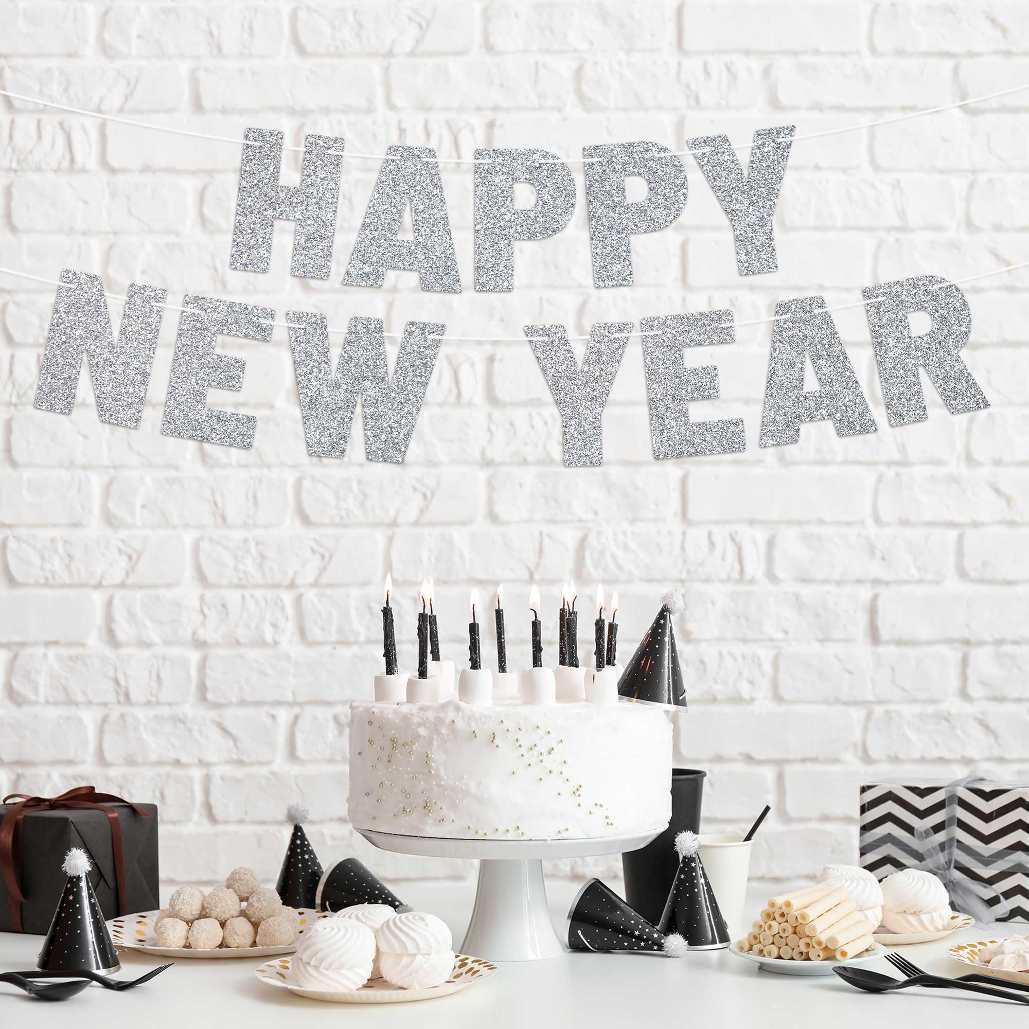 Pre-Strung Happy New Year Banner - NO DIY - Silver Glitter New Years Eve Party Banner - Pre-Strung Garland on 8 ft Strands - Silver 2025 New Years Eve Party Supplies, Decorations & Decor. Did we mention no DIY?