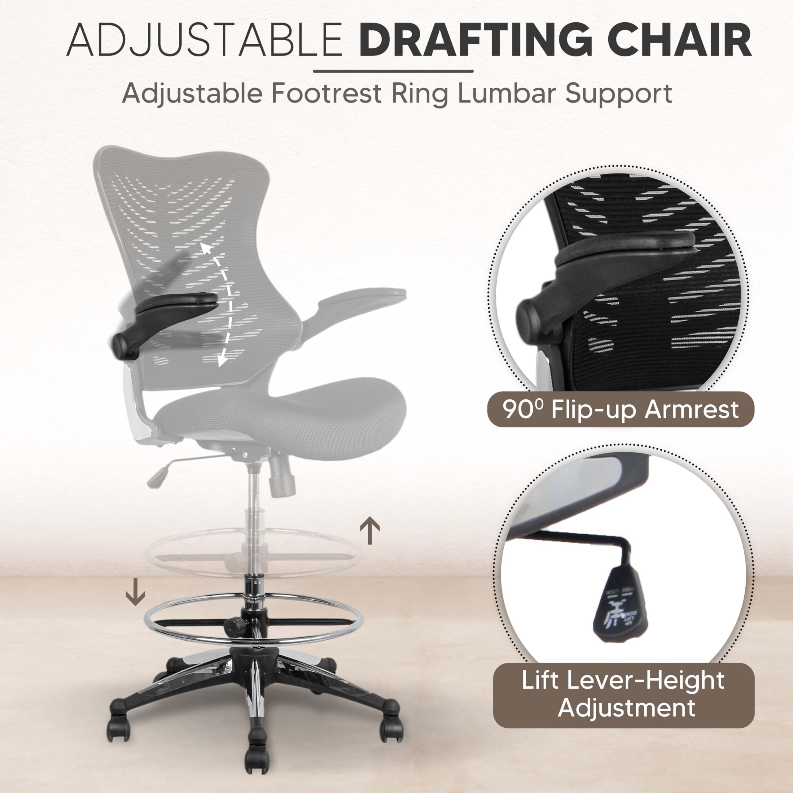 OfficeFactor Ergonomic Drafting Chair Tall Office Chair Standing Desk Chair Flip up Armrests Molded Foam Seat with Adjustable Footrest Ring Lumbar Support (Black MESH Fabric)
