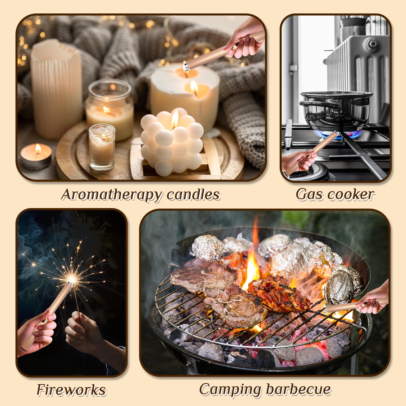2 PCS Candle Lighter,Windproof Flameless Electric Lighter with LED Power Display & Safety Switch, Upgraded Plasma USB Rechargeable Lighters for Birthday Camping BBQ (Champagne Gold)