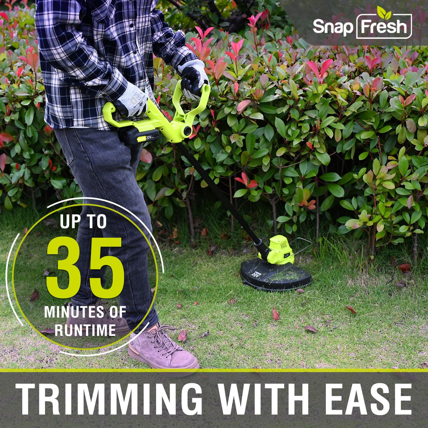 SnapFresh Cordless String Trimmer, 12" Line String Trimmer, 20V Electric Lawn Trimmer with 2.0Ah Battery & Fast Charger for Adjustable Angle Cutting, Lightweight Lawn Edger for Garden Yard