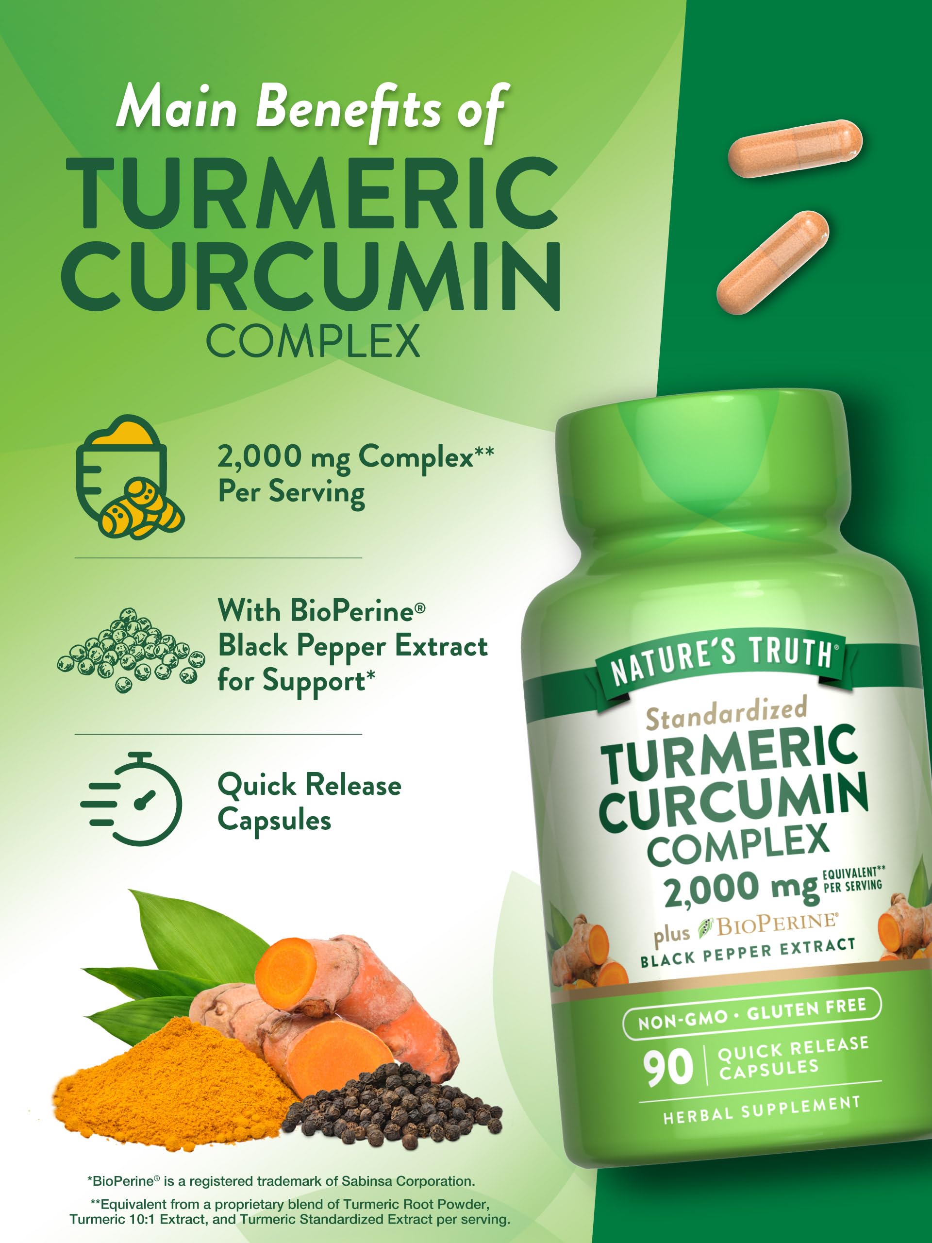 Turmeric Curcumin Capsules | 2000mg | 90 Capsules | with 95% Standardized Curcuminoids and Bioperine | Non-GMO, Gluten Free Supplement | by Nature's Truth