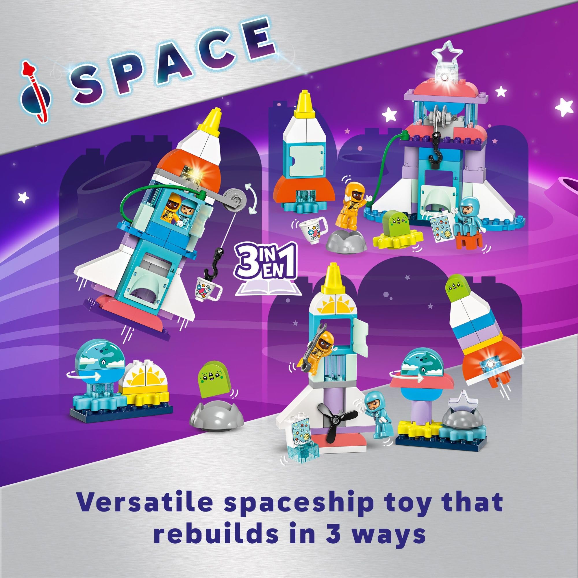 LEGO DUPLO 3 in 1 Space Shuttle Adventure Rocket Ship Building Set, Kids Educational Space Discovery Toy for 3-Year-Olds and Up, Develops Preschool Kids’ Learning and Fine Motor Skills, 10422