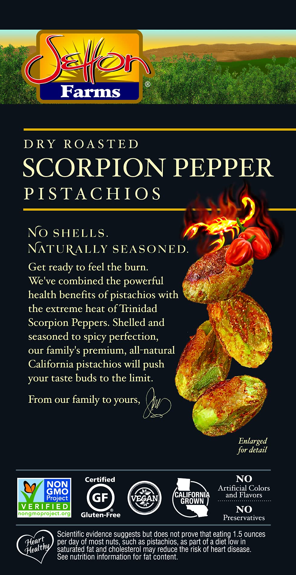 Setton Farms Pistachios, Scorpion Pepper Extreme Flavor Pistachios Value Bag, Naturally Seasoned, Dry Roasted No Shell Pistachios, Non-GMO Project Verified, Gluten Free, Vegan, Kosher, 20 Oz