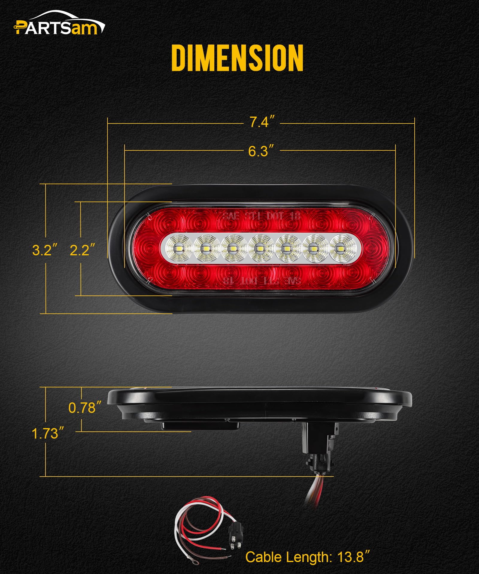 Partsam 4Pcs 6.3" Inch Oval Led Trailer Taillights Stop Brake Lights Running Red and White Backup and Reverse Lights, Sealed 6.3 inch Oval led Trailer Lights Kit Grommet Mount for RV Trucks
