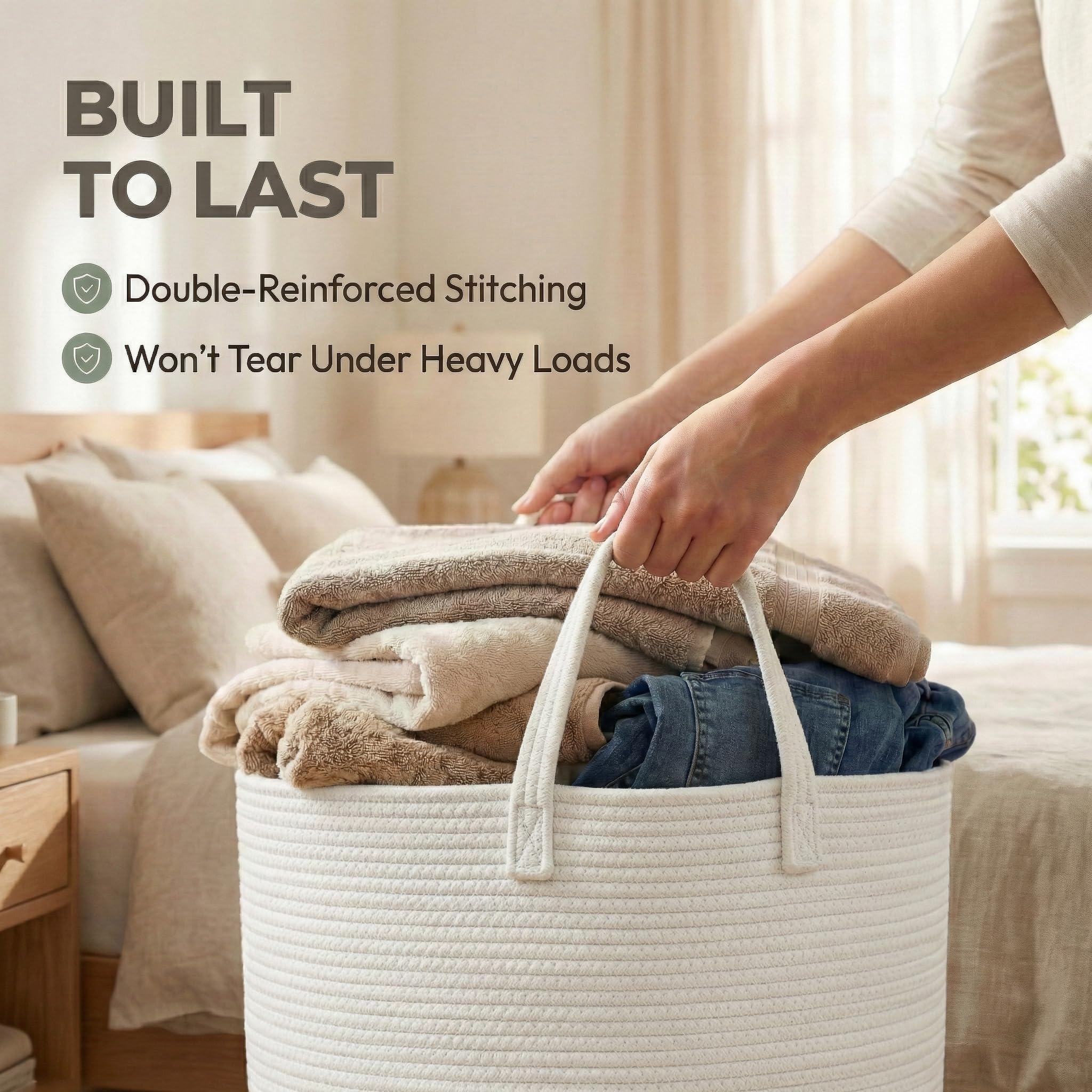JMvicyroam 65L Extra Large Blanket Basket for Living Room - Woven Cotton Rope Laundry Hamper with Reinforced Handles - Storage Bin for Pillows, Comforters & Toys - Machine Washable,White