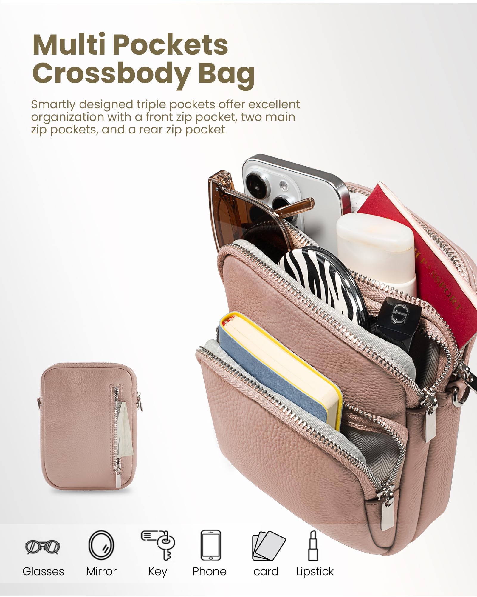 befen Small Genuine Leather Women Designer Crossbody Purses, Cross Body Bags Lightweight with Adjustable Shoulder Strap and RFID Blocking - Light Pink