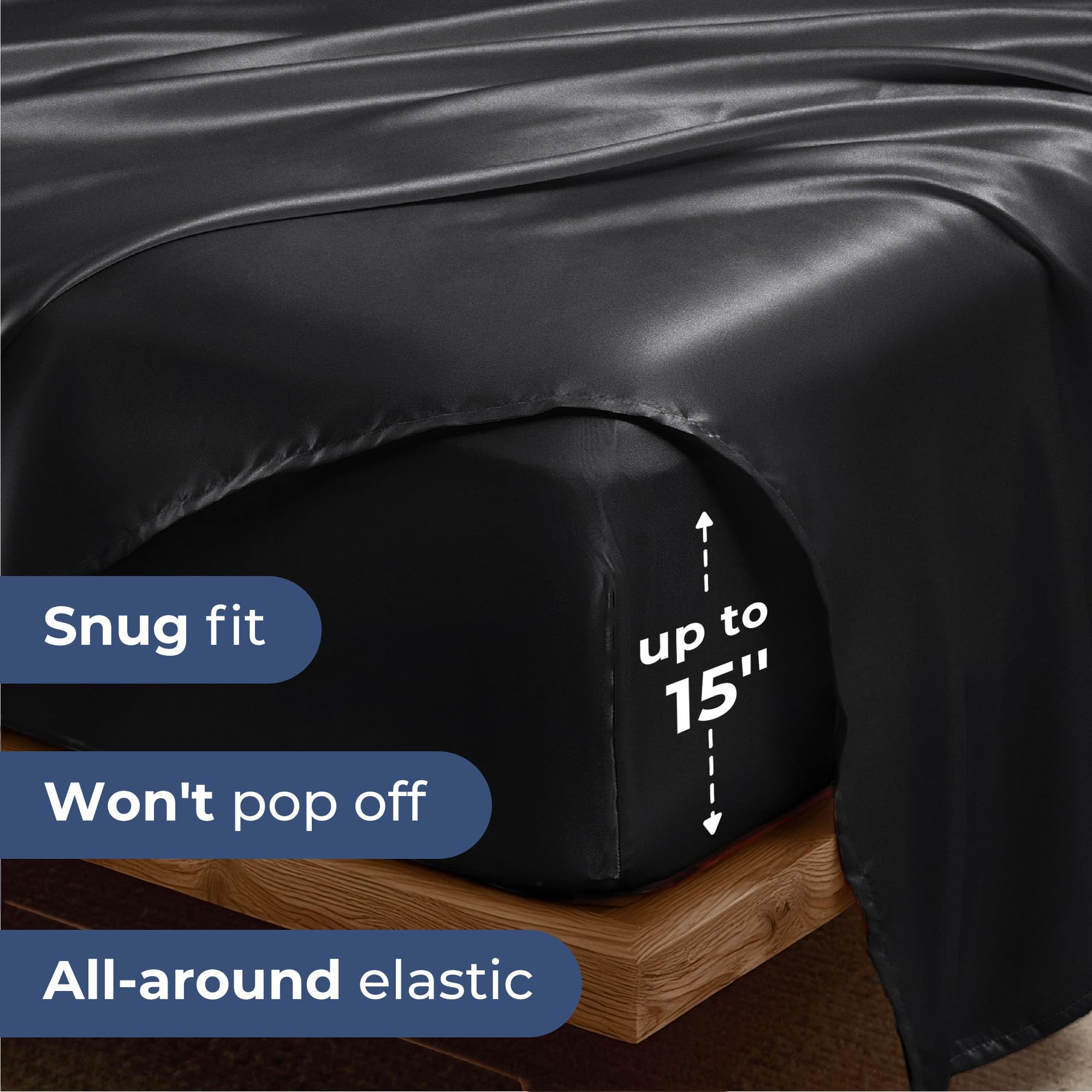Seasonwood Satin Sheets Set Queen Size 4 Pieces 1800 Microfiber 2 Pillowcase 20''x30'' Black Satin Sheets