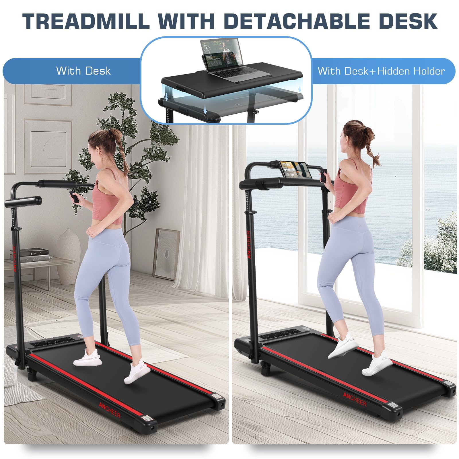 ANCHEER Treadmill with Desk Workstation& Adjustable Height, Folding Treadmill with 8% Incline,3.5HP Walking Pad for Home, 300lbs Weight Capacity/Ultra-Quiet/3 Type Control(Black Red)
