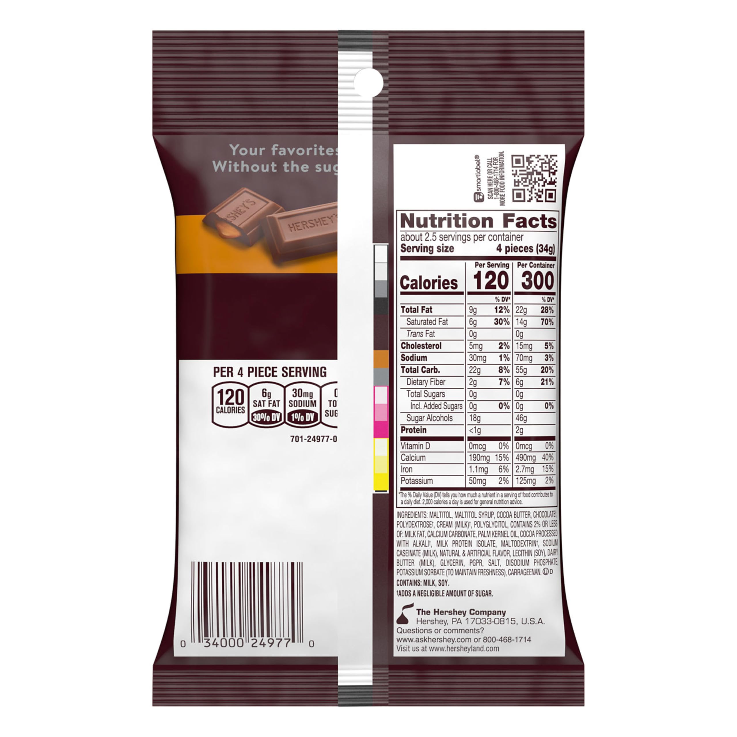 HERSHEY'S Zero Sugar Caramel Filled Chocolate Candy Bags, 3 oz (12 Count)