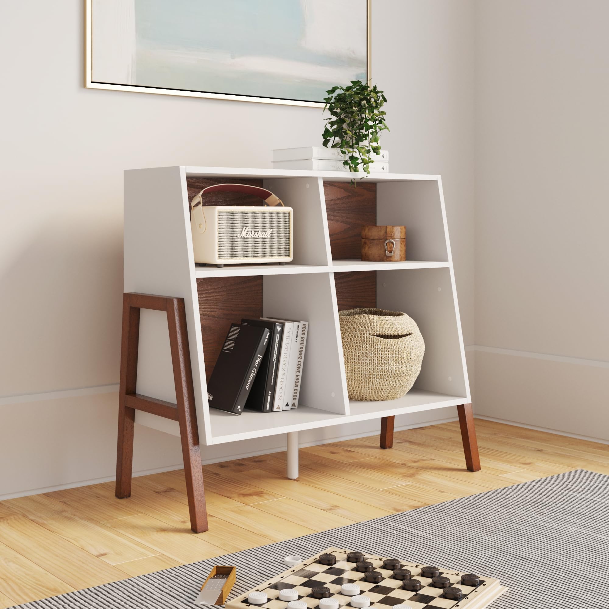 Nathan James 71001 Telos 4-Cube Storage Organizer, White Storage Open Cubby Shelf with Angled Design, Brown/Glossy White