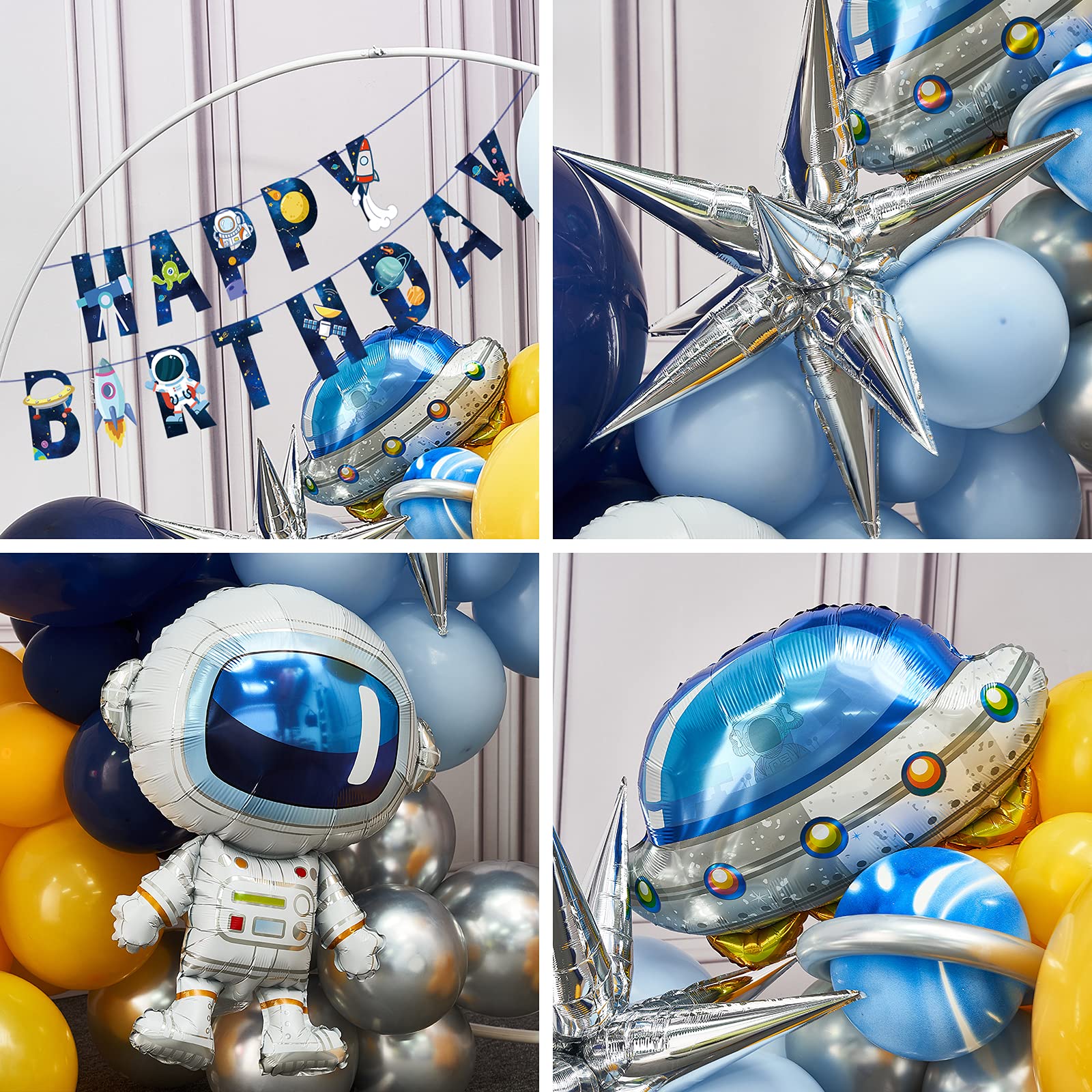 PartyWoo Space Balloons Different Sizes of 18 12 10 5 Inch Navy Blue Metallic Silver Yellow UFO Astronaut Star Foil Balloon Arch Kit Garland for Outer Space Theme Boy Birthday Party Decorations